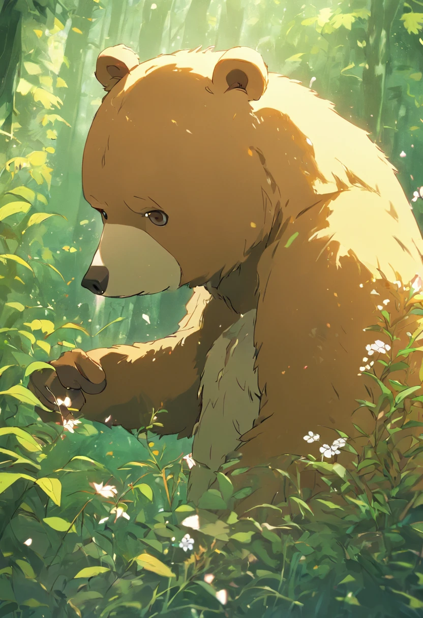 The bear eats honey，Close-up of the bear，Foraging in the forest，Soft grass，Surrounded by flowers，, Anime style, hyper HD, retinas, Masterpiece, Anatomically correct, Textured skin, High details, Super detail, High quality, Best quality, A high resolution, 16k