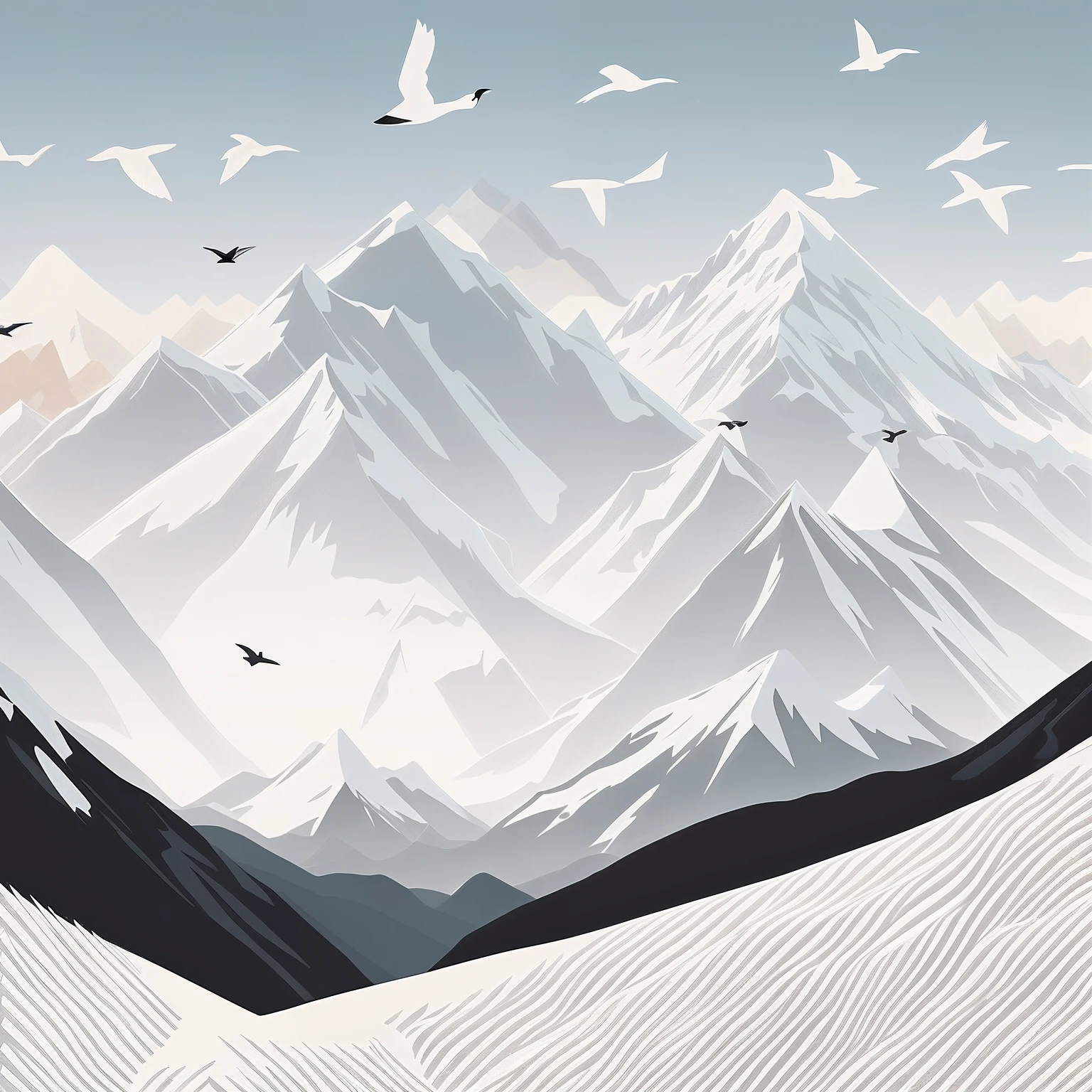 Flocks of birds fly over snow-capped peaks, mountain range in background, mountains background, Mountains, mountain scene, moutains, mountainous background, background mountains, Mountain background, mountaineous background, mountains on the background, mountain ranges, Snowy mountain background, mountain in background, mountains on the background, High hills, Snowy mountains, large mountains in back.There is only one black and white brand logo on the square，A dozen spotted geese flew over the Himalayas in a herringbone shape，The bar-headed goose is white，The background is a continuous extension of the Himalayas，Snow-capped black mountain tops。Spotted geese are white，background is black 。The mountain lines are simpler，The lines are tougher，The colors are a little brighter。