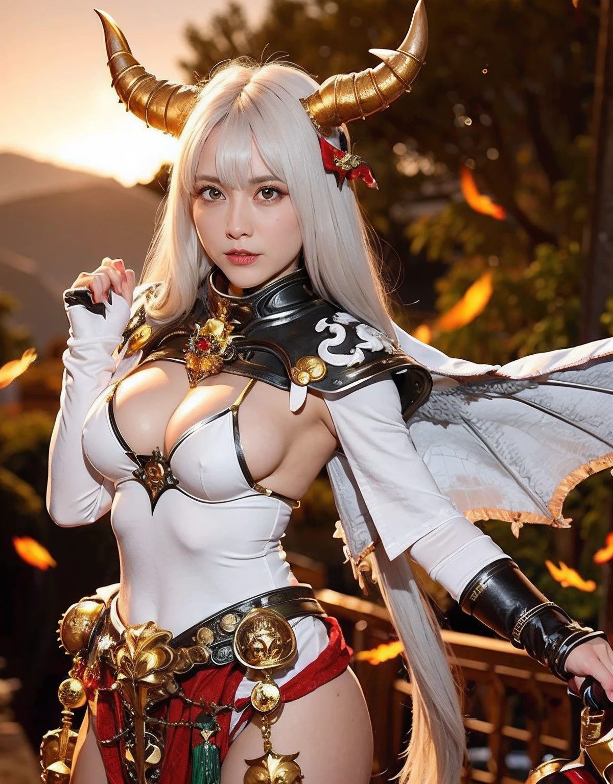 Professional , ​masterpiece、top-quality、photos realistic , depth of fields 、Idle Smile、（White Gemstone Body:1.2),(Matte white with gold pattern、（cleavage of the breast）、Jewel Gold Weapon、Particles of light),Gorgeous gold weapons ,（（ Dragon dense and gorgeous dragon sword）） , （demonic wings）   ,warhammer 40k 、（（White hair））、（Castle background）、（demonic wings）、（（Gangle's forest background））、Beautiful Caucasian beauty、１a person、dynamic ungle,(((Two devil's horns on the head)))、Smaller head、Idle Smile、Thin and beautiful female hands、cleavage of the breast、Mystical expression、Light Effects、intense fighting、Wind-effect、magic circles、With the legendary magic wand、Dragon's tail、