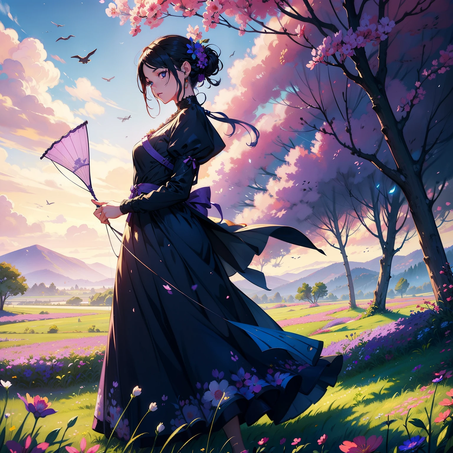 Woman with kite and purple flowers in field, beautiful digital works of art, dreamlike digital painting, a beautiful artwork illustration, digital art fantasy, fantasy digital art, digital art fantasy art, calm night. Digital Illustration, detailed fantasy digital art, Beautiful digital art, beautiful art uhd 4 k, digital fantasy illustration, fantasy digital painting, beautiful digital illustrations、Gentle light