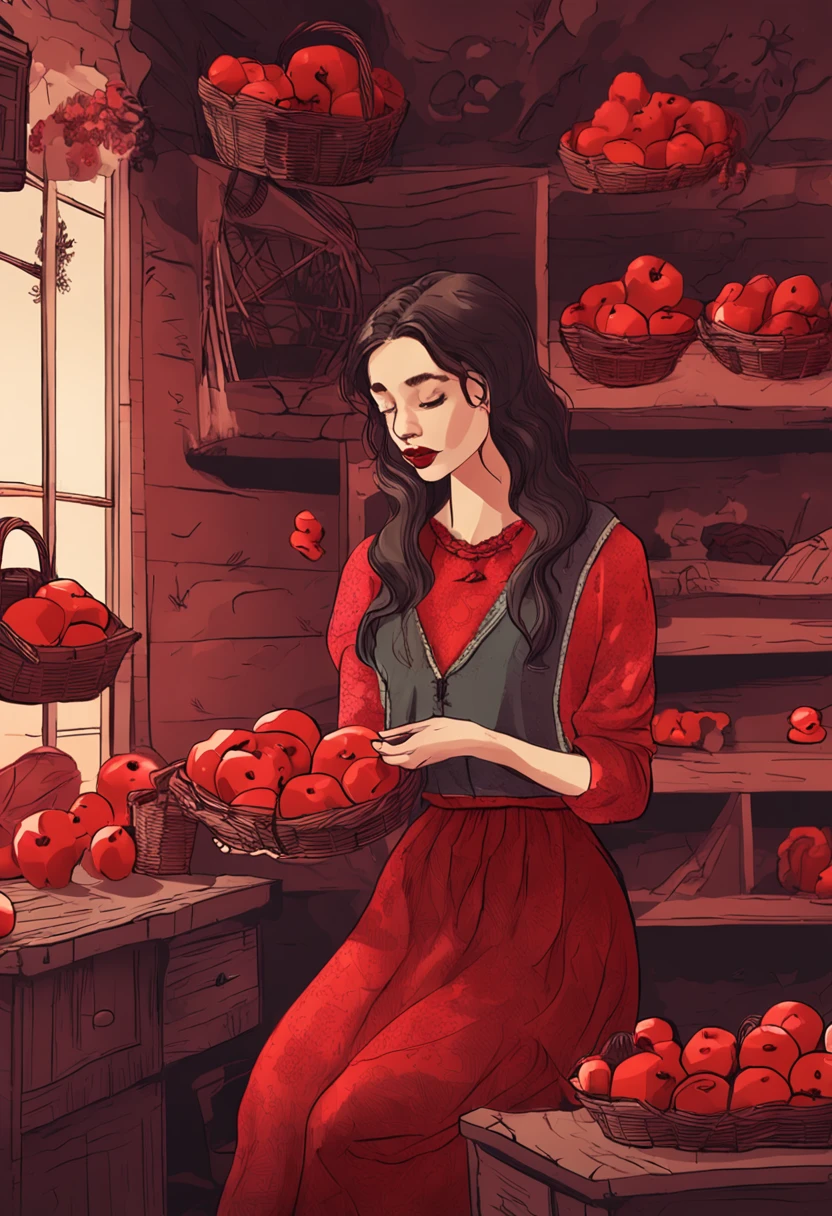 Girl wearing red lace with open chest is eating an apple while looking in the mirror。There are many baskets of apples around。Mirror is a wooden frame。The girl's hair is a gradient of dark purple and red。