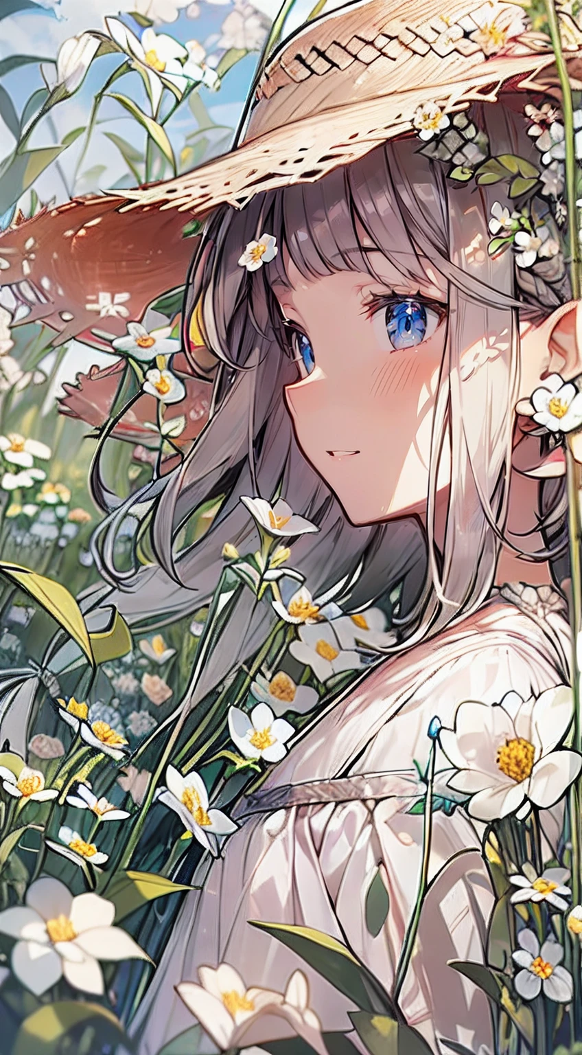 masutepiece, Best Quality,Illustration, Wallpaper, Ultra Detail, Absurd beauty、1 beautiful girl、 (Medium Short-Cut Hair、short braided hair), Beautiful ultra-detailed eyes , Hair fluttering in the wind、Keep your head small、flower  field、great outdoors、Landscape of the flower garden