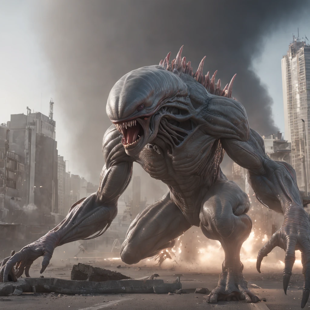 a highly detailed matte painting of alien monster hitting constructions, by makoto shinkai, by artgerm, by wlop, by greg rutkowski, volumetric lighting, octane render, 4k resolution, trending on artstation, masterpiece