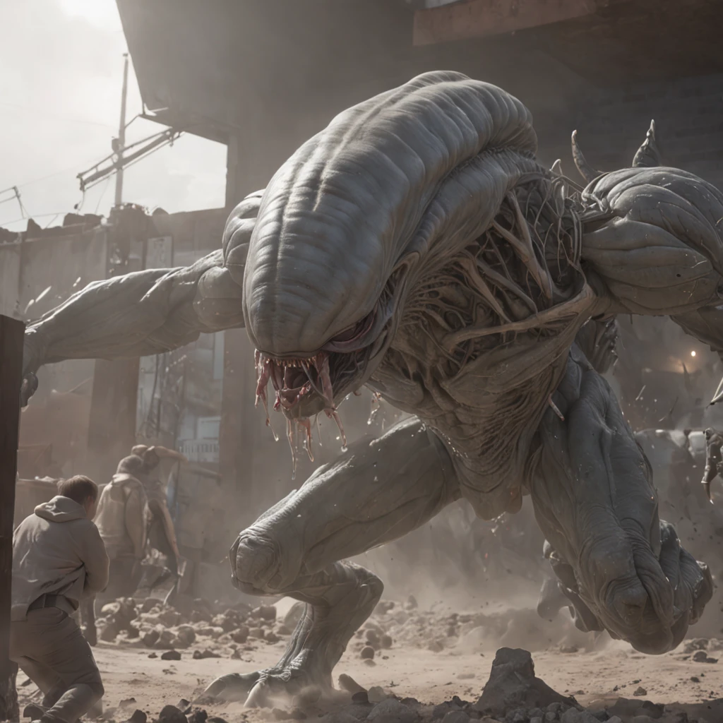 a highly detailed matte painting of alien monster hitting constructions, by makoto shinkai, by artgerm, by wlop, by greg rutkowski, volumetric lighting, octane render, 4k resolution, trending on artstation, masterpiece