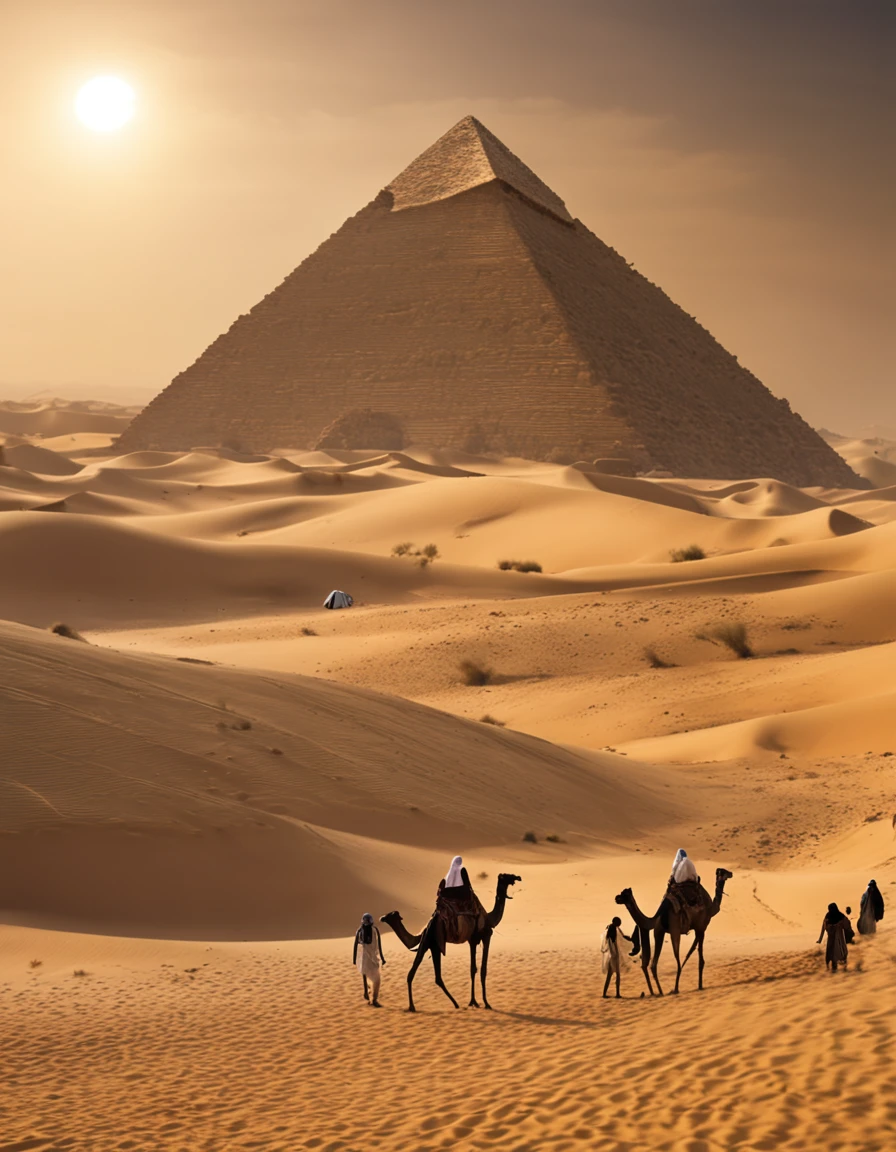 masterpiece,True HD photos,high detail,Highest definition,8K,Leica lens,Huge recently built pyramid at the front of the scene and date palm on right, and Arabian camel train with 5 camels and 2 Arabians, Set against the amber fady glowing backdrop of an Arabian desert with many other small pyramids and palm trees