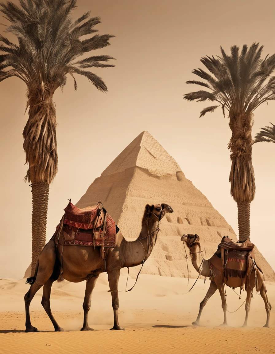 masterpiece，True HD photos，high detail，Highest definition，8K，Leica lens，Huge recently built pyramid at the front of the scene and date palm on right, and Arabian camel train with 5 camels and 2 Arabians, Set against the amber fady glowing backdrop of an Arabian desert with many other small pyramids and palm trees