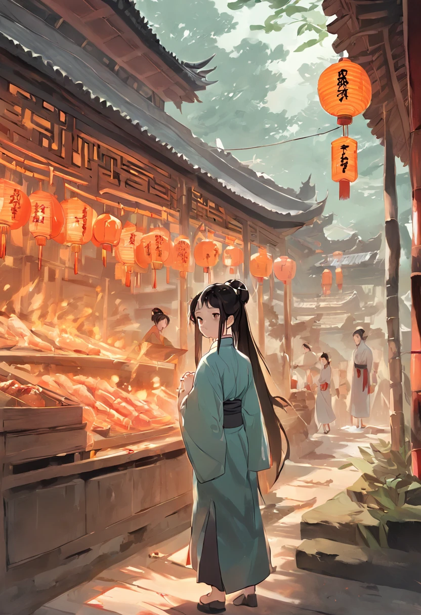 Ancient Chinese style,In front of the Gangnam courtyard,There is a bamboo forest,There is a young girl practicing martial arts in the bamboo forest,There are some small stalls selling groceries around,Chinese style comics,Chinese style game