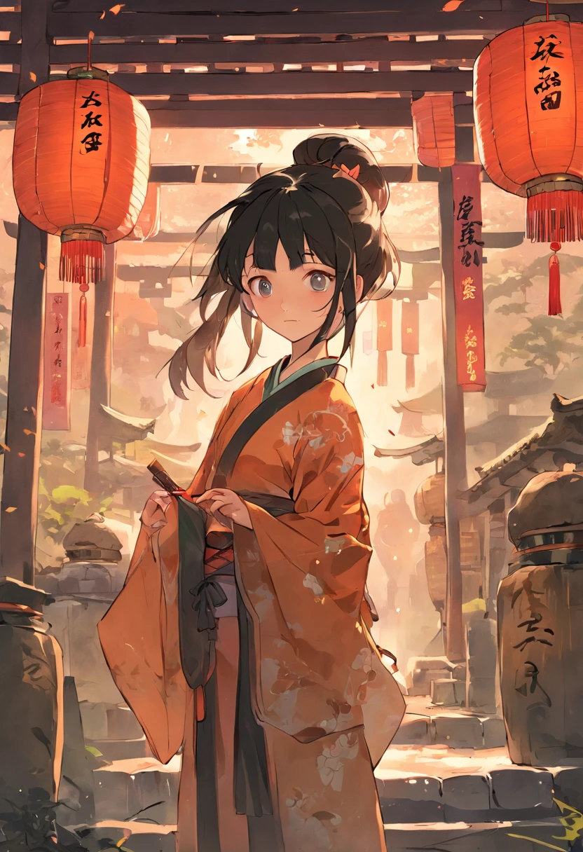 Ancient Chinese style,In front of the Gangnam courtyard,There is a bamboo forest,There is a young girl practicing martial arts in the bamboo forest,There are some small stalls selling groceries around,Chinese style comics,Chinese style game