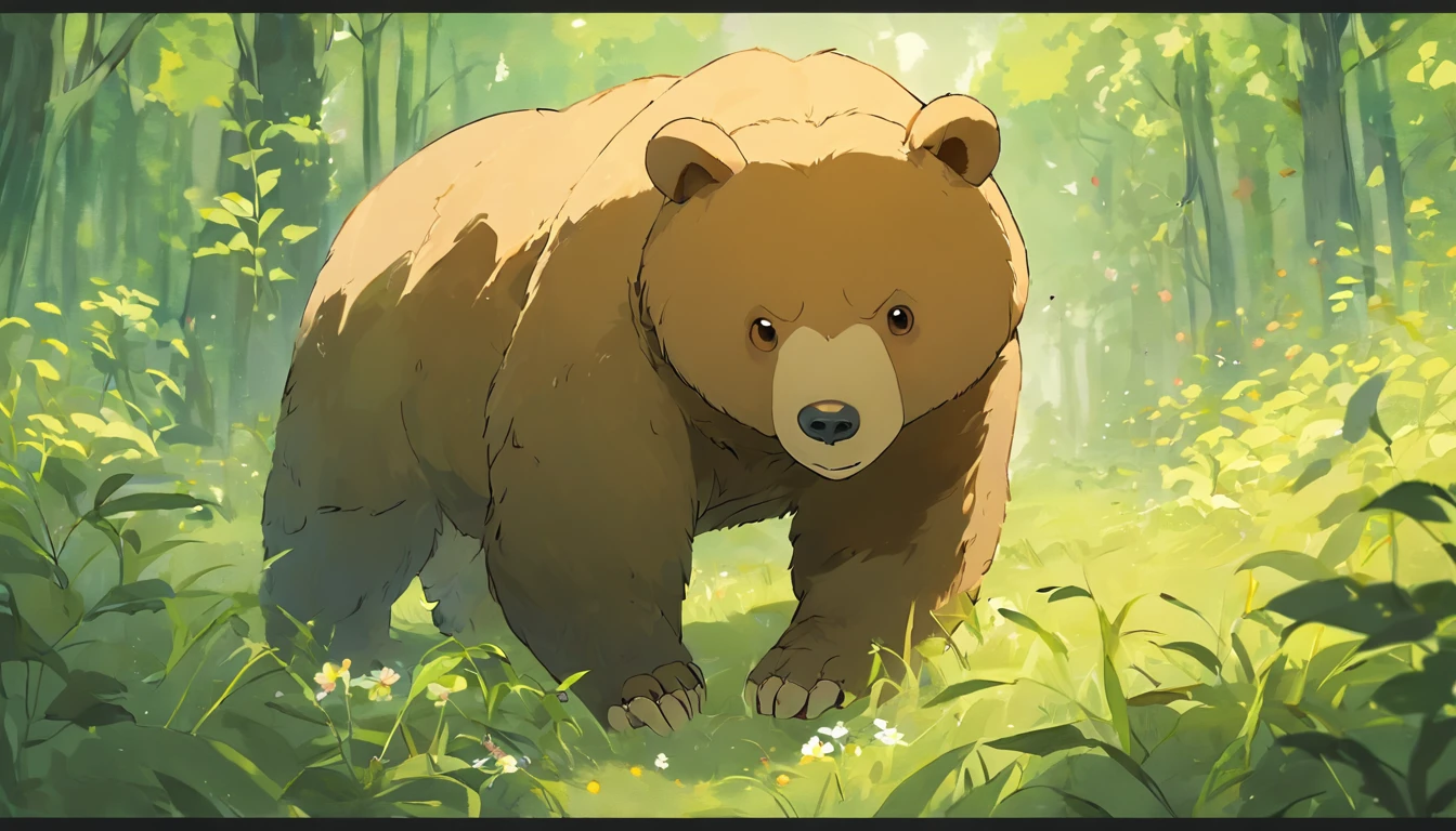 Bears eat honey，Close-up of the bear，Foraging in the forest，Soft grass，Surrounded by flowers，, Anime style, hyper HD, retinas, Masterpiece, Anatomically correct, Textured skin, High details, Super detail, High quality, Best quality, A high resolution, 16k