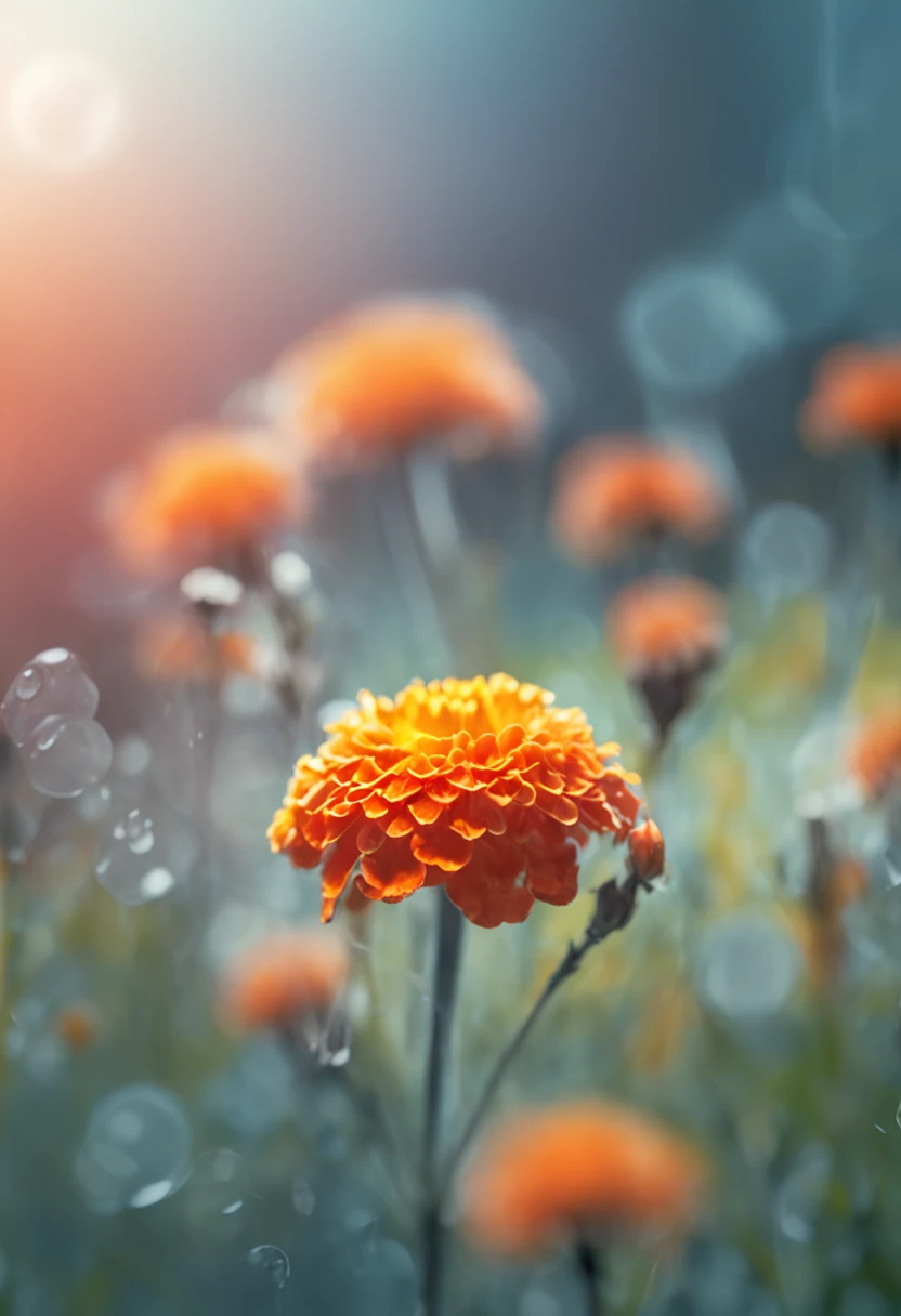 microcosm , Masterpiece , macro photography , cobweb, filmgrain, Bokeh , Smoke , Highly detailed, Sunny Sunny weather, Microflower, The drops, bblurry, Close up of 1 realistic marigold:1.5, Azure background, subdued contrasts, rendering by octane , illusory engine
