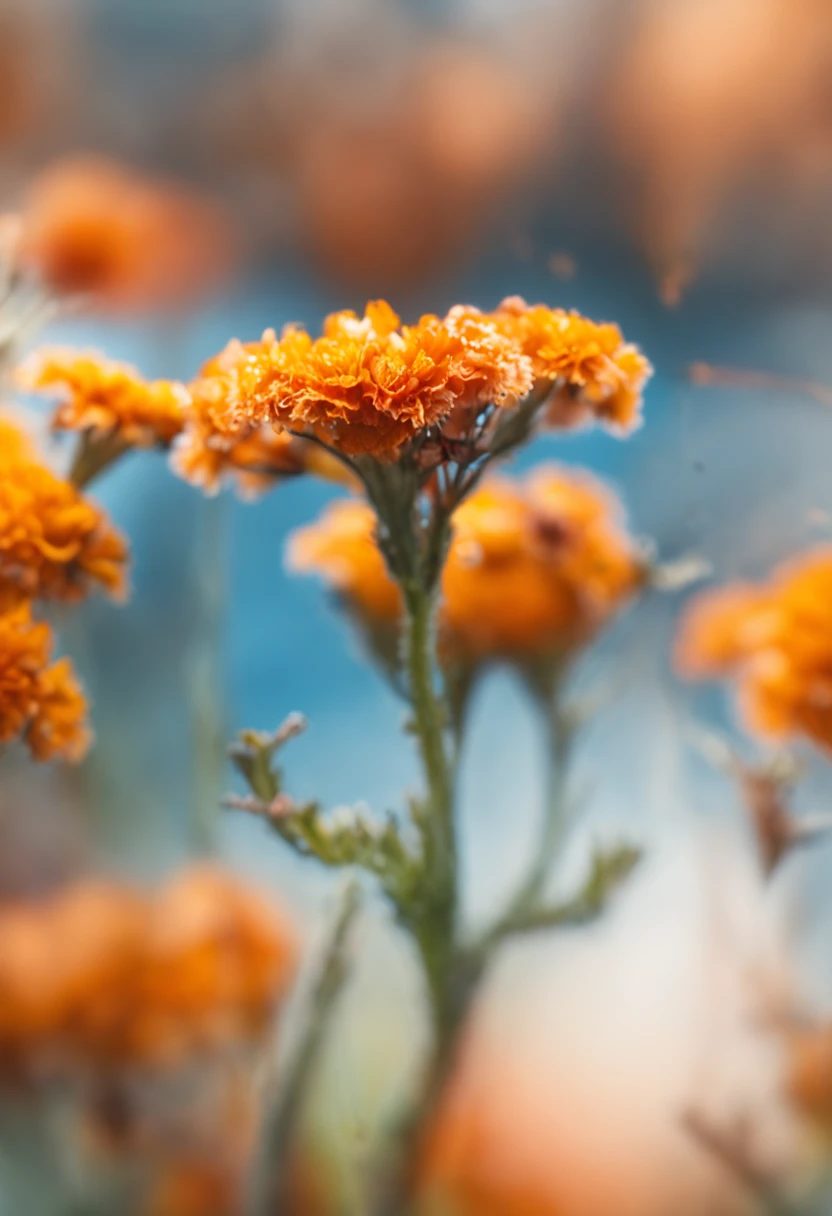 microcosm , Masterpiece , macro photography , cobweb, filmgrain, Bokeh , Smoke , Highly detailed, Sunny Sunny weather, Microflower, The drops, bblurry, Close up of 1 realistic marigold:1.5, Azure background, subdued contrasts, rendering by octane , illusory engine