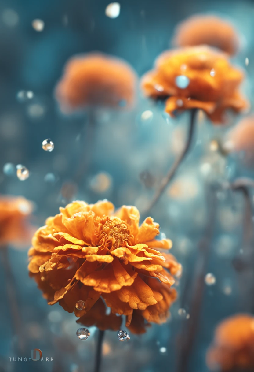 microcosm , Masterpiece , macro photography , cobweb, filmgrain, Bokeh , Smoke , Highly detailed, Sunny Sunny weather, Microflower, The drops, bblurry, Close up of 1 realistic marigold：1.5, Azure background, subdued contrasts, rendering by octane , illusory engine