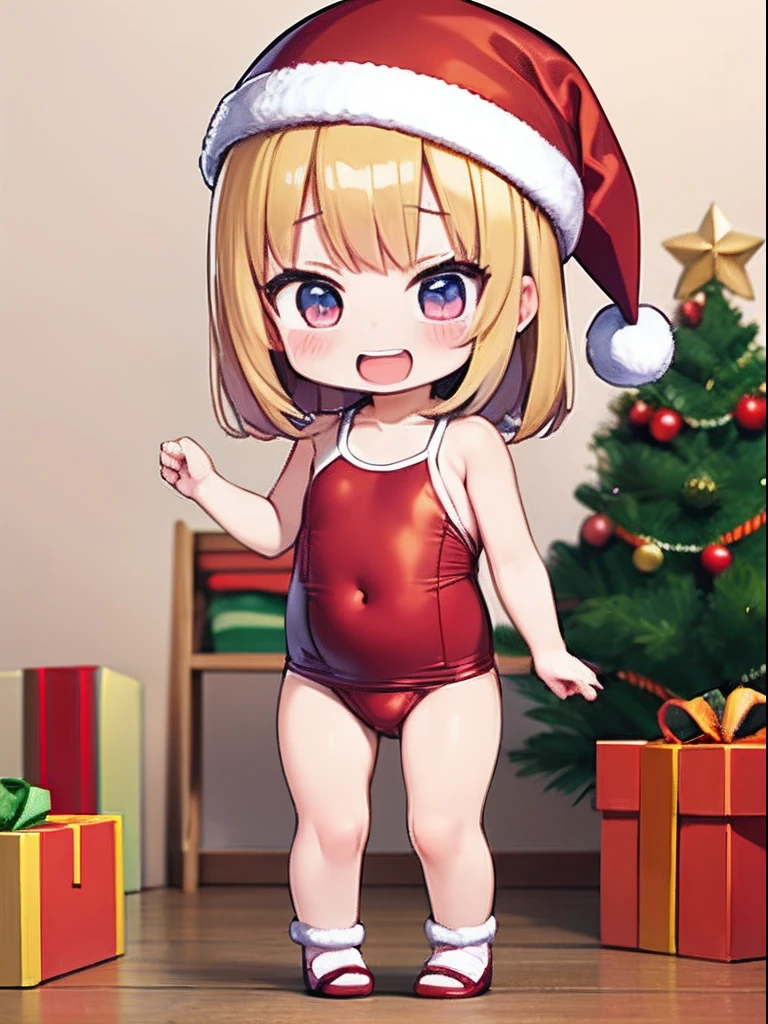 masterpiece, best quality, extremely detailed, anime, 1girl, solo, (toddler:1.3), (baby:1.3), , (chibi:1.2), loli face, hing, standing, dynamic angle, (one-piece swimsuit|santa costume), Santa hat, Christmas back ground, Christmas tree, Christmas