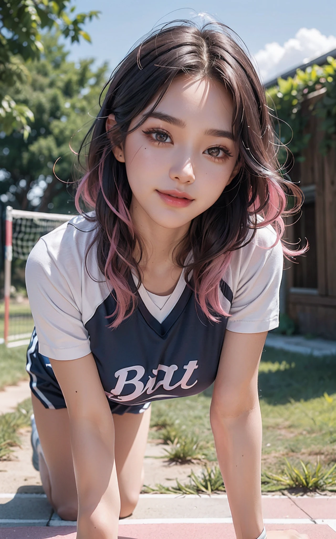 (Huge breasts), (18 years old), (Very small head), Daylight, Sunlight, (Perfect body:1.1), (Volleyball uniform), (on all fours, from behind), (Short hair), (Wavy Hair), (dark brown hair), (Pink and blue highlight hair), ((FullBody)), (8K), (extremely delicate and beautiful), (masutepiece), (Best Quality:1.0), (realisitic), Realistic Shadows, (High resolution:1.0), Detailed skin, Ultra-detailed, Slim body, (Beautiful hair, Real Hair, detailed hairs), blush, Photorealistic, Realistic face, Realistic eyes, Small eyes, Happy smile, (((Colorful))), (eye liner), (mascara), (eye shadow), Extraordinary beauty,