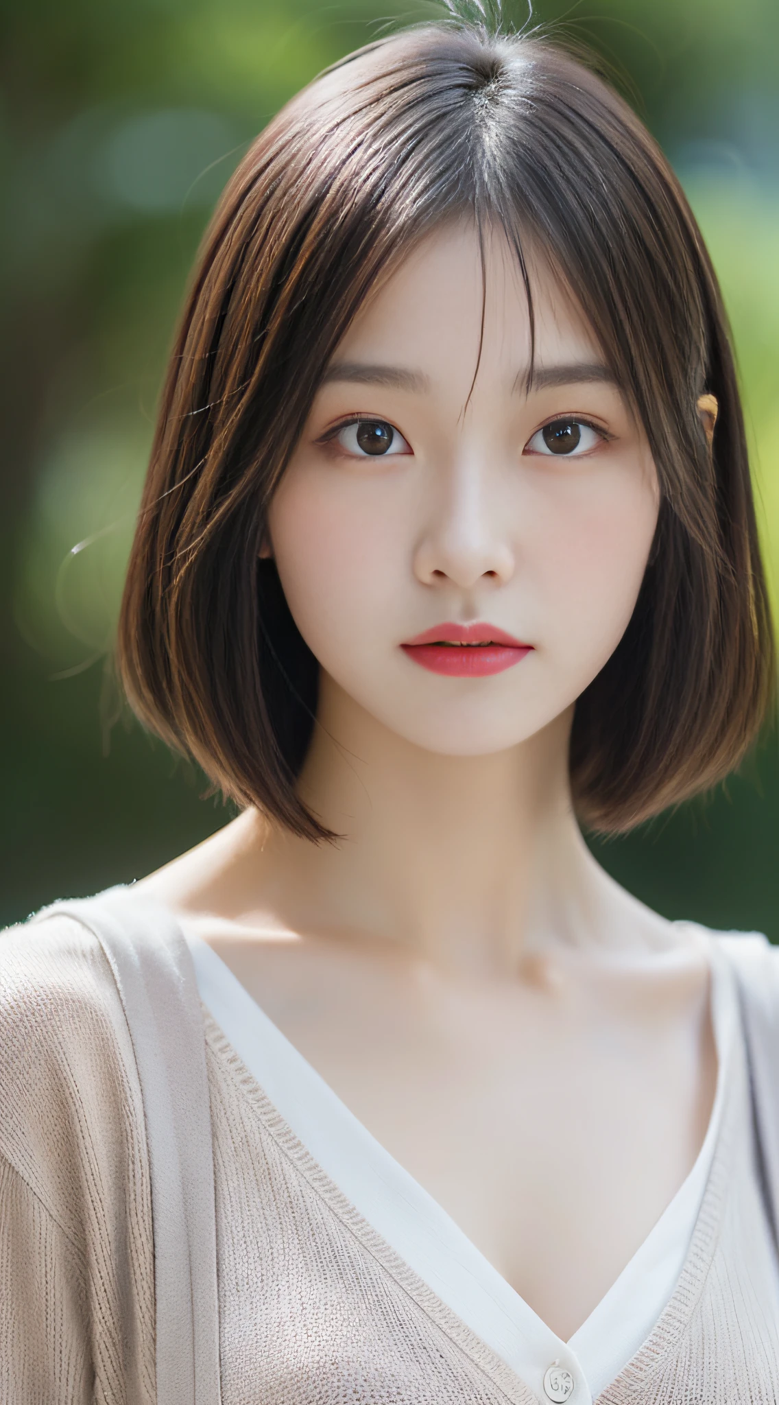 ((Best quality, 8k, Masterpiece :1.3)), 1girl, Pretty woman with slender abs :1.3, (Medium-short hair, Huge breasts :1.2), Cardigan :1.1, Ultra-detailed face, Detailed eyes, Double eyelid