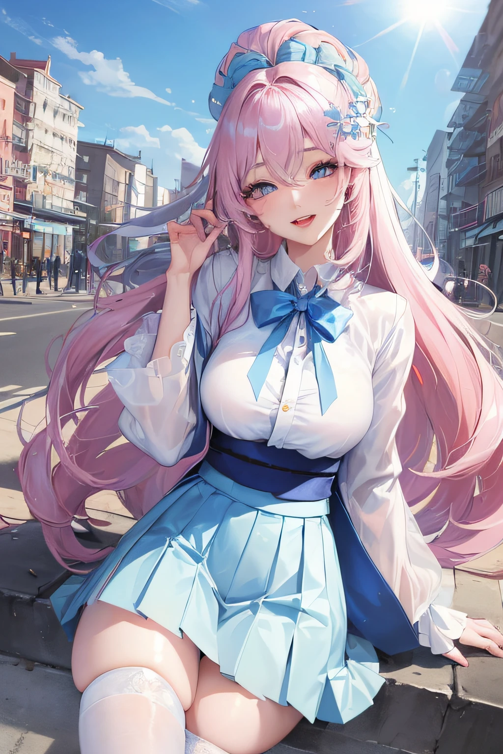 official art, masterpiece, sharp focus, (beautiful gorgeous cute Korean woman:1.3), (beautiful cute korean:1.3), korean beauty, Delicate and beautiful hair and eyes and face, realistic, ultra detailed, beautiful girl, blue sky, glow white particle, (sidelighting:1.2), sun light, white cloud, detailed clouds, slender, Lovely very large breasts and very large hips, smile with teeth, ((smile with eyes, open both eyes)), scenery, long straight hair, sexy facial expression, building, (cityscape:1.7), dynamic hair, long straight hair, detailed platinum pink hair, glow blue eyes, (blue pleated shirts + white skirt), white long socks, pale skin, hair ornament, epic scenery,