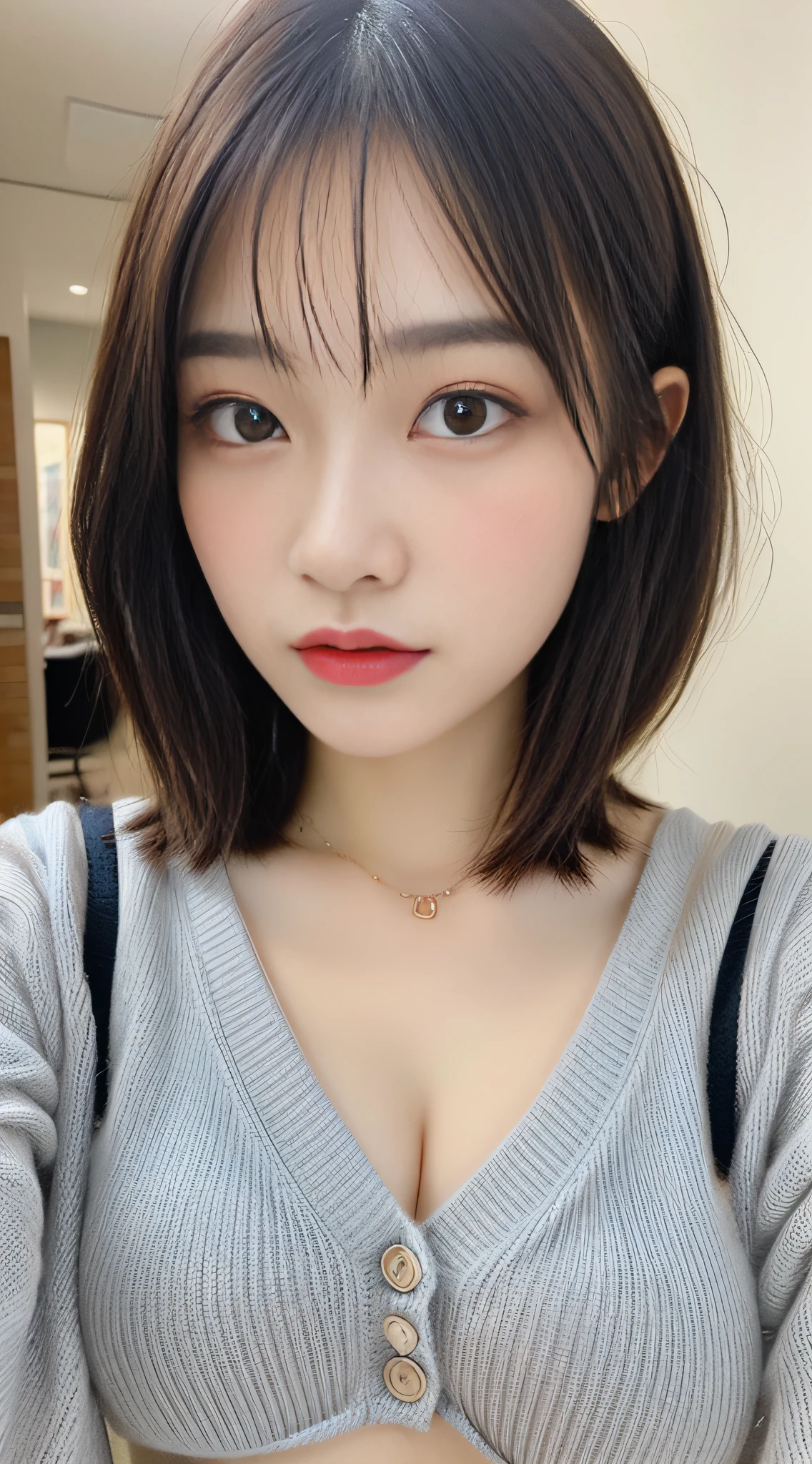 ((Night view, realistic light, best quality, 8k, masterpiece: 1.3)), 1girl, pretty woman with slim figure: 1.4, (brown hair, medium breasts: 1.3), off-the-shoulder cut top: 1.3, sofa, super detailed face, detailed eyes, double eyelids