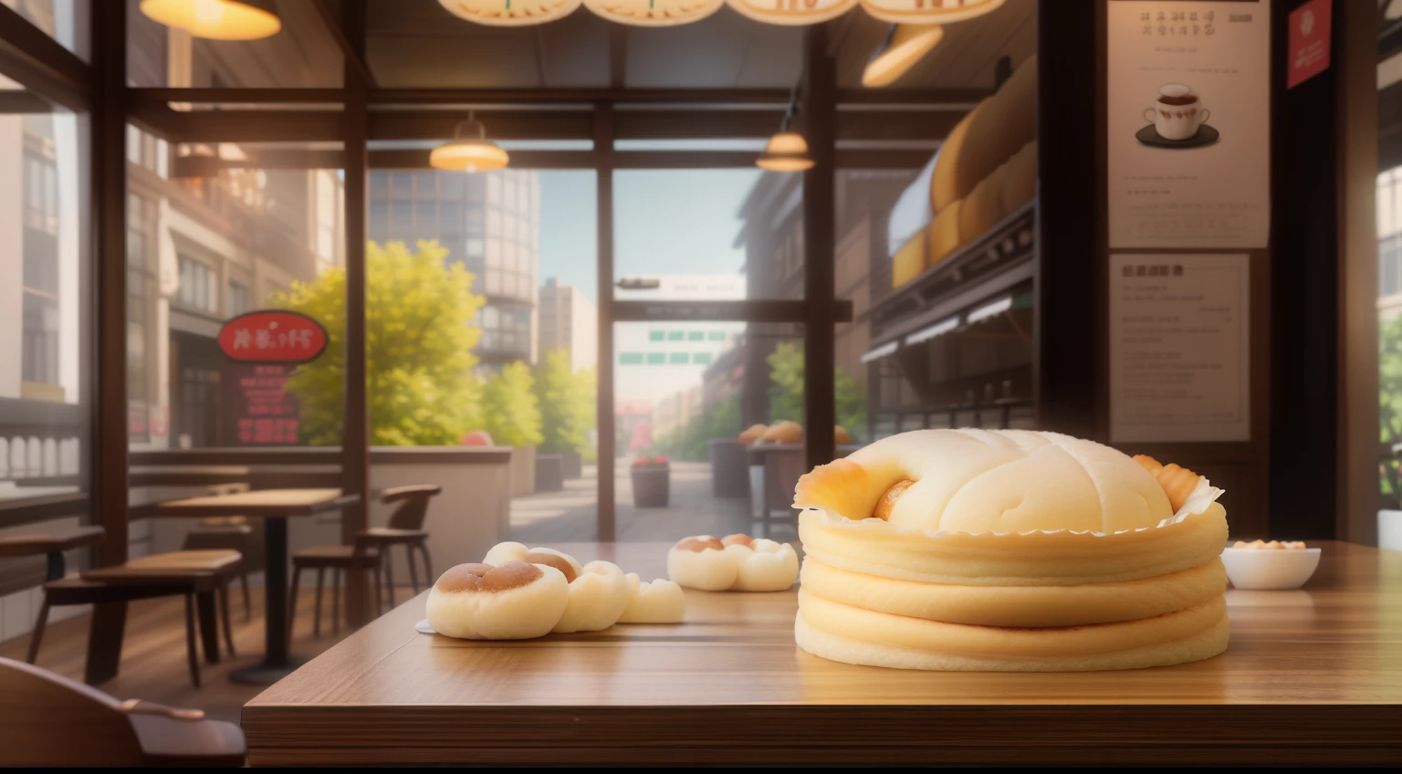 There is a wooden table，There was a basket of food on it, Steamed buns, super realistic food picture, Fresh bakery in the background, Dream bakery interior environment, photoreal render, very realistic 3 d render, photorealistic 3d render, photorealistic 3d render, CG rendering, photo realistic render, hyper realistic detailed rendering, hyperrealistic 3 d render