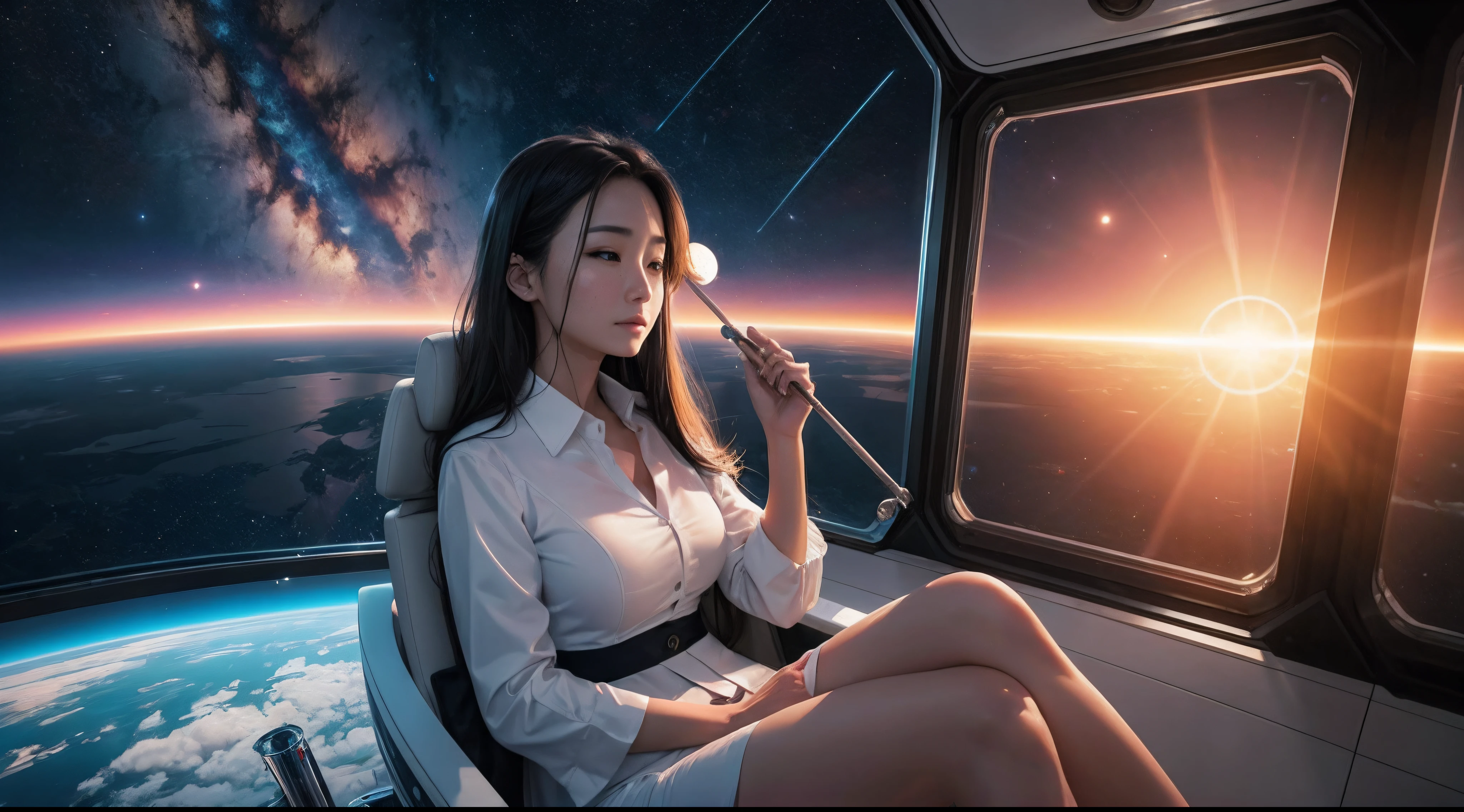 A lawyer who is about to cry at a space hotel at sunset is moisturizing with a spinning stick、Photo by a professional photographer、Grand Prize winner of the photo exhibition、4K、Inside the Space Hotel、splash water、moisture