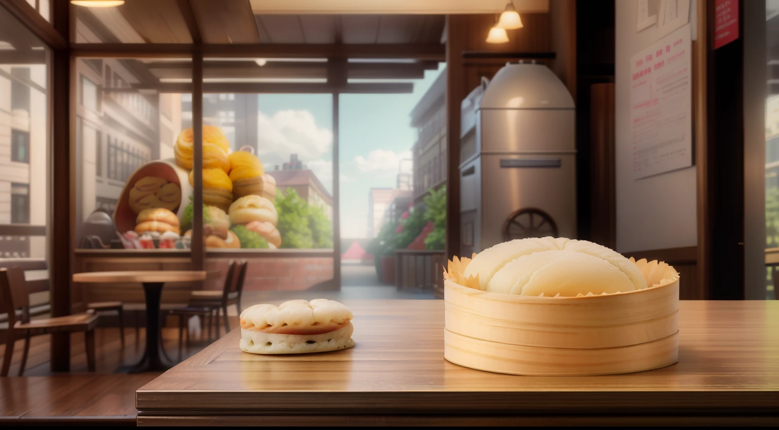 There is a wooden table,There was a basket of food on it, Steamed buns, super realistic food picture, Fresh bakery in the background, Dream bakery interior environment, photoreal render, very realistic 3 d render, photorealistic 3d render, photorealistic 3d render, CG rendering, photo realistic render, hyper realistic detailed rendering, hyperrealistic 3 d render