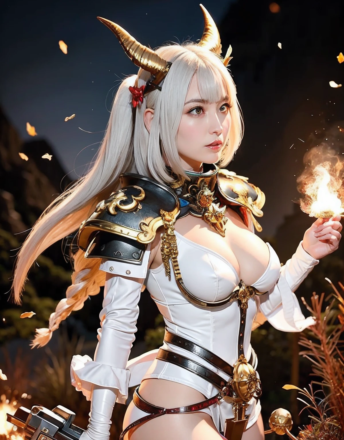 Professional , ​masterpiece、top-quality、photos realistic , depth of fields 、Idle Smile、（White Gemstone Body:1.2),(Matte white with gold pattern、（cleavage of the breast）、Jewel Gold Weapon、Particles of light),Gorgeous gold weapons ,（（ Dragon dense and gorgeous dragon sword）） , （demonic wings）   ,warhammer 40k 、（（White hair））、（Castle background）、（demonic wings）、（（Gangle's forest background））、Beautiful Caucasian beauty、１a person、dynamic ungle,(((Two devil's horns on the head)))、Smaller head、Idle Smile、Thin and beautiful female hands、cleavage of the breast、Mystical expression、Light Effects、intense fighting、Wind-effect、magic circles、With the legendary magic wand、Dragon's tail、