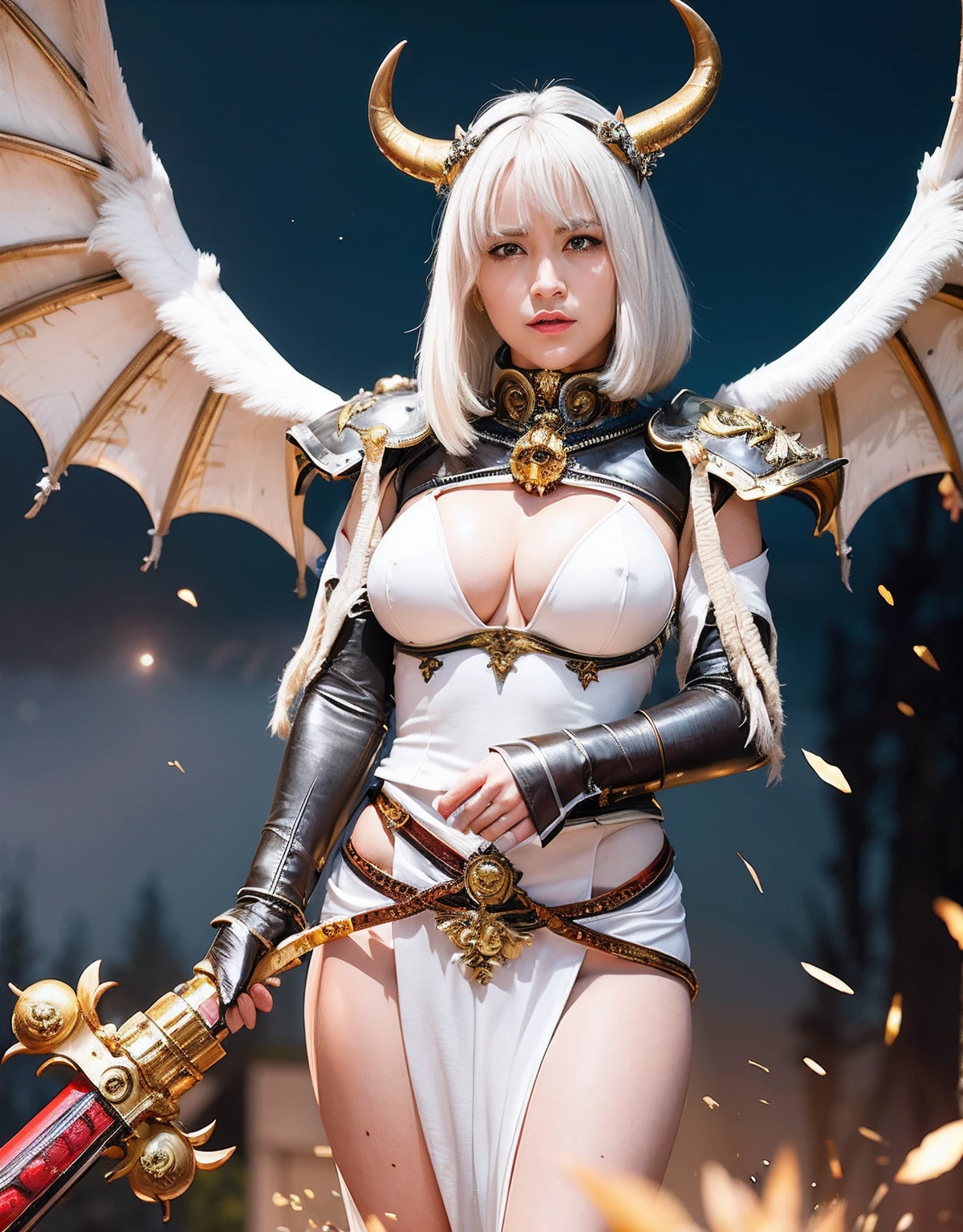 Professional , ​masterpiece、top-quality、photos realistic , depth of fields 、Idle Smile、（White Gemstone Body:1.2),(Matte white with gold pattern、（cleavage of the breast）、Jewel Gold Weapon、Particles of light),Gorgeous gold weapons ,（（ Dragon dense and gorgeous dragon sword）） , （demonic wings）   ,warhammer 40k 、（（White hair））、（Castle background）、（demonic wings）、（（Gangle's forest background））、Beautiful Caucasian beauty、１a person、dynamic ungle,(((Two devil's horns on the head)))、Smaller head、Idle Smile、Thin and beautiful female hands、cleavage of the breast、Mystical expression、Light Effects、intense fighting、Wind-effect、magic circles、With the legendary magic wand、Dragon's tail、
