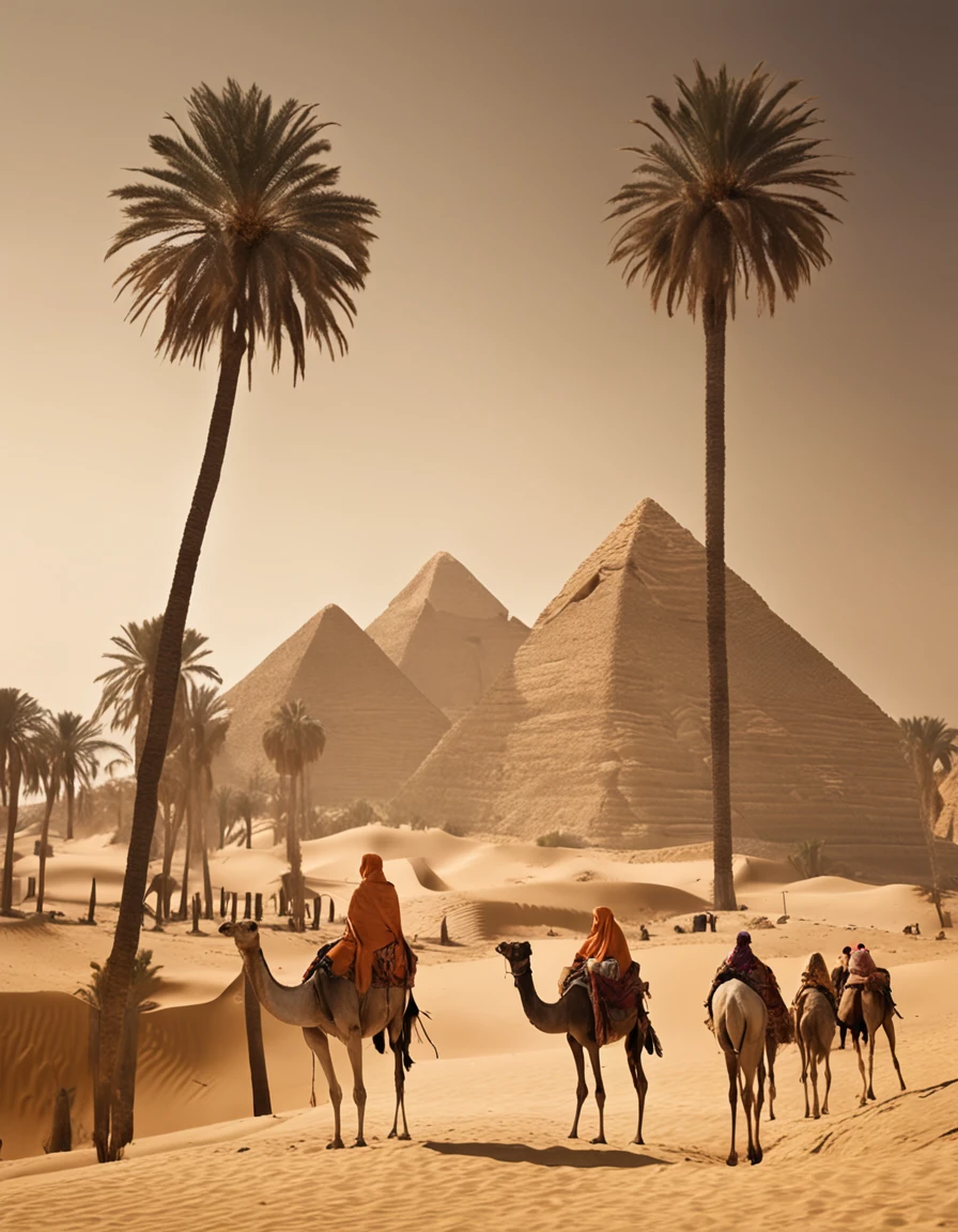 masterpiece，True HD photos，high detail，Highest definition，8K，Leica lens，New pyramid at the front of the scene and date palm on right, and Arabian camel train with 5 camels and 2 Arabians travelling left to right, Set against the amber fady glowing backdrop of an Arabian desert with many other small pyramids and palm trees