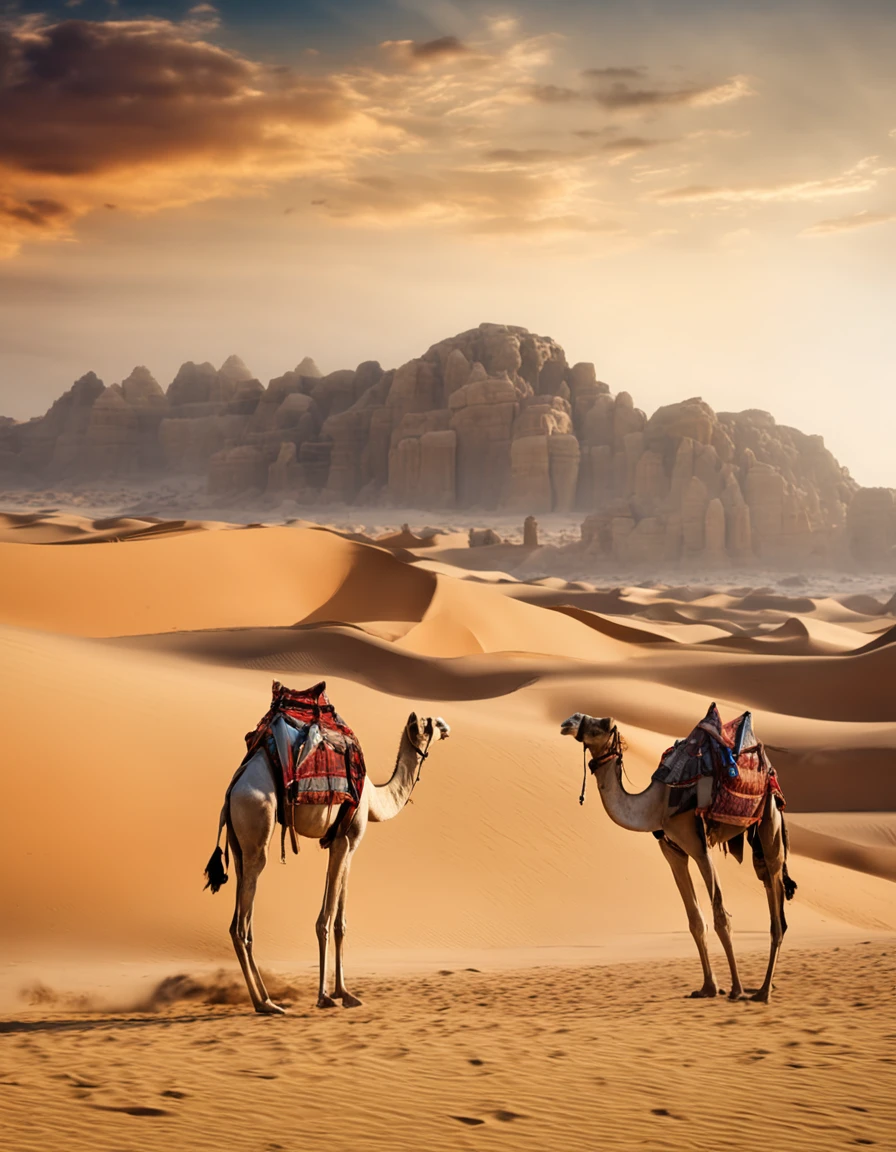 masterpiece,True HD photos,high detail,Highest definition,8K,Leica lens,New pyramid at the front of the scene and date palm on right, and Arabian camel train with 5 camels and 2 Arabians travelling left to right, Set against the amber fady glowing backdrop of an Arabian desert with many other small pyramids and palm trees