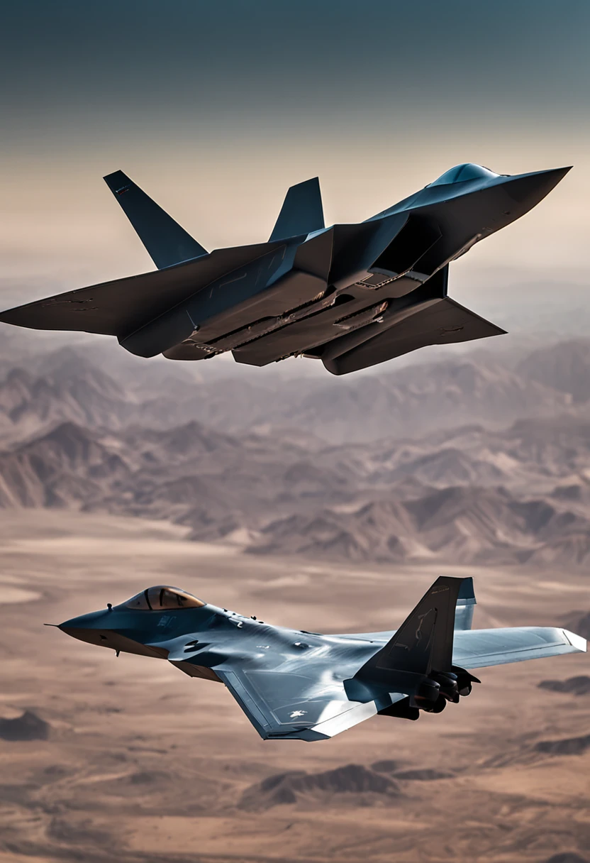 Chinese J-20 stealth fighters and American F22 stealth fighters fight fiercely over the desert