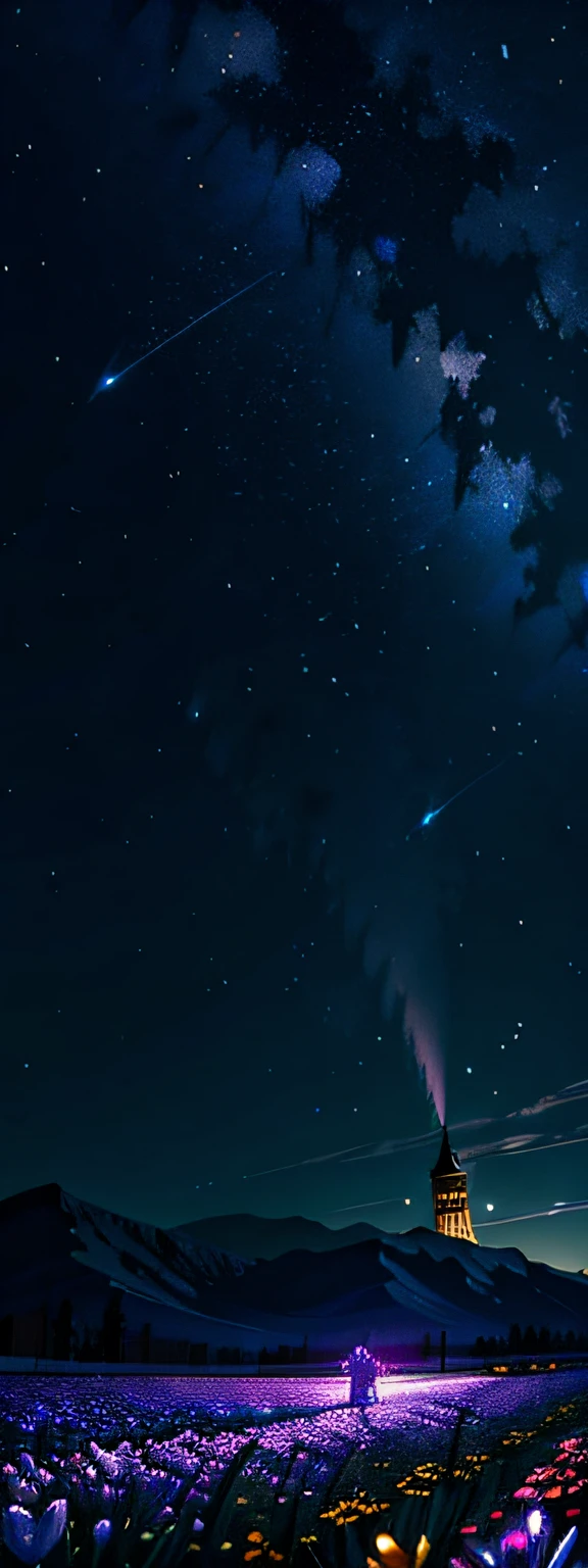 Expansive landscape photograph，（View from below with a view of the sky and the wilderness below），The little girl stood in the flower field and looked up，（moon full：1.2），（meteors：0.9），（Starcloud：1.3），Far Mountain，Tree BREAK Production Art，（Warm light source：1.2），（glowworm：1.2），lamp lights，Purple and orange，Complicated details，Volumetric lighting BREAK（tmasterpiece：1.2）， （HighestQuali），4K，ultra-delicate，（Dynamic configuration：1.4），Highly detailed and colorful details（Irridescent color：1.2），（Sparkling lighting，Atmospheric lighting），dream magical，magical，（独奏：1.2）lake water