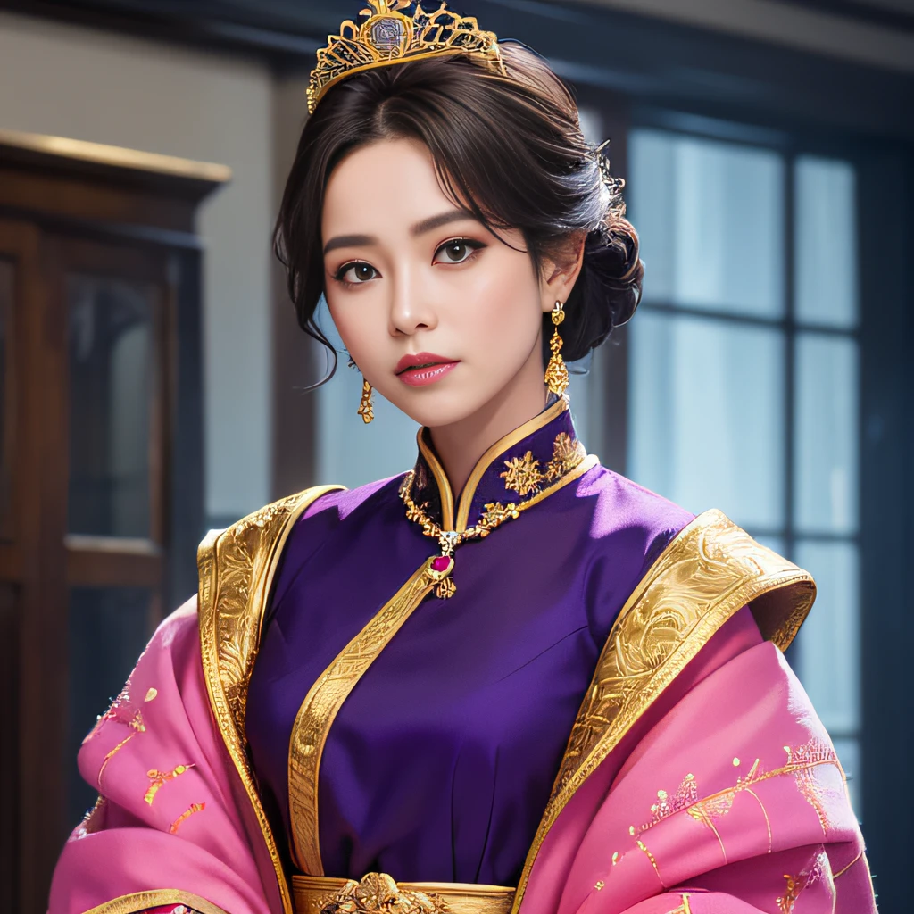 32K（tmasterpiece，k hd，hyper HD，32K）short detailed hair，Gold jewelry area in the back room，Flame Girl ，Yao Lang protector （realisticlying：1.4），Python pattern robe，Purple-pink tiara，Snowflakes fluttering，The background is pure，Hold your head high，Be proud，The nostrils look at people， A high resolution， the detail， RAW photogr， Sharp Re， Nikon D850 Film Stock Photo by Jefferies Lee 4 Kodak Portra 400 Camera F1.6 shots, Rich colors, ultra-realistic vivid textures, Dramatic lighting, Unreal Engine Art Station Trend, cinestir 800，Hold your head high，Be proud，The nostrils look at people