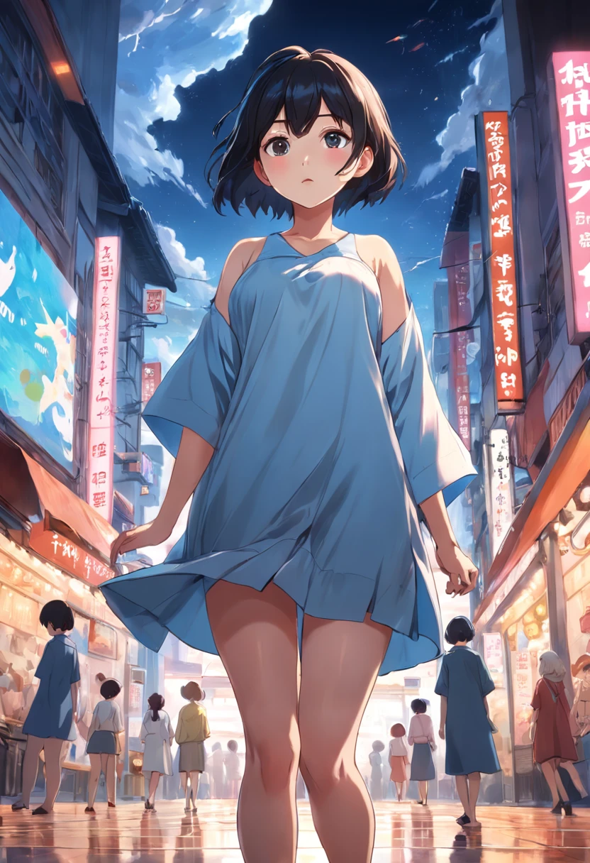 mature anime style, rain on face, cloudy sky, beautiful asian girl, off shoulder,  heavenly aura around, field of flowers, destiny watching, world is a flood, cross in background, city scape, transparent clothing, sheer clothes, visible nipples under teansparent clothing, visible vagina under transparent colthing, no underwear, no panties, no bra, naked underneath clothes, 