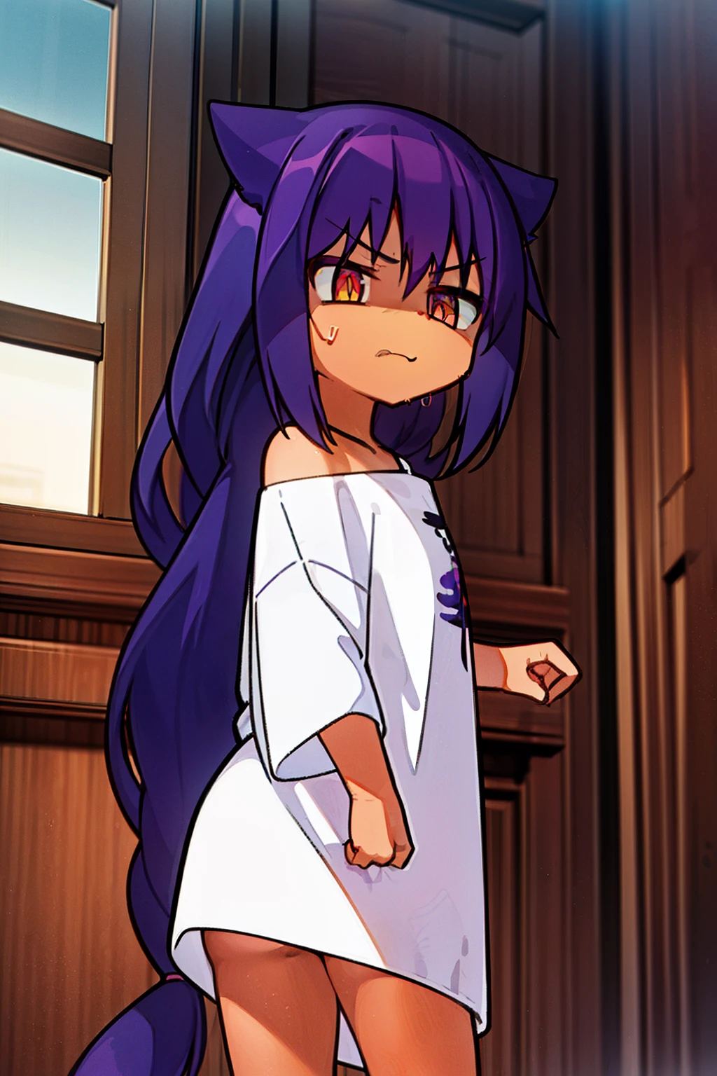 masterpiece, best quality, (delicate eyes and face), volumetric light, ray tracing, extremely detailed CG unity 8k wallpaper, jahysama, 1girl, very long hair, shirt, blank shirt, short sleeves, cowboy shot, shaded face, facing forward, purple cat ears, sad expression