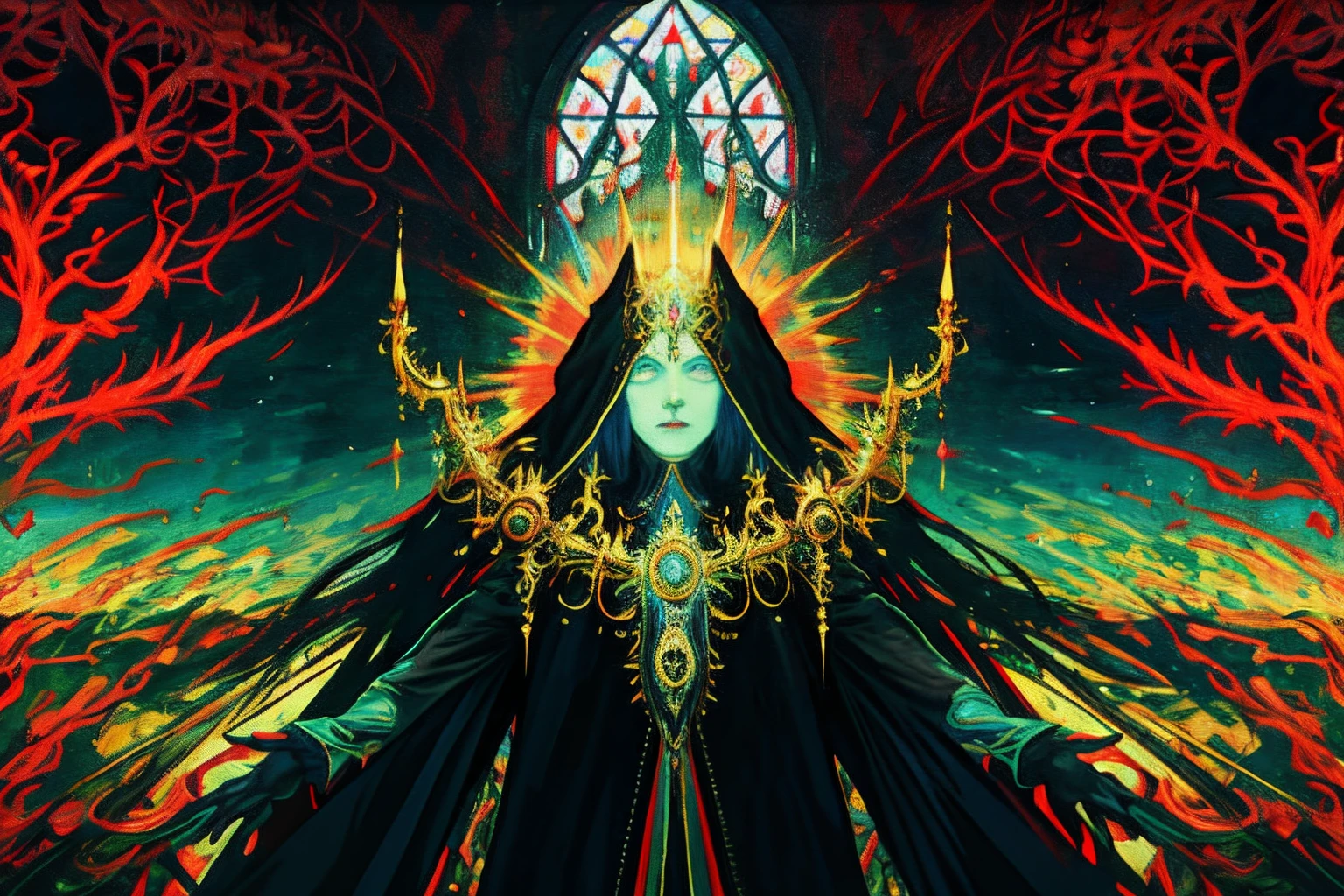 rays of black light, Ultra HD, painting of a：Jan van Eyck, Jheronimus Bosch, Neo-Gothic, Gothic, rich deep color. beksinski painting, Courtesy of Adrian Ghenie and Gerhard Richter. Works by Takahito Yamamoto. Masterpiece. Intricate artwork by Tooth Wu and wlop and beeple, greg rutkovsky, very coherent symmetrical artwork. Cinematic, ultra-realistic realism, High detail, rendering by octane, illusory engine, 8K, Vibrant colors, Smooth gradients,