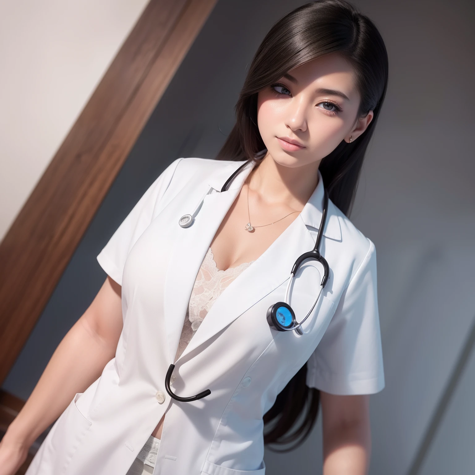 Photorealistic beautiful doctor、stunningly beautiful、doctors white coat, Collared shirt、(top-quality、8K、32K、masterpiece、nffsw:1.3)、超A high resolution,(Photorealsitic:1.4),Raw photography, Detailed face,,Beautiful hair, ((Doctor Style)), , Black tight skirt、 Natural makeup,, large full breasts、inside hospital, Detailed background, Perfect Lighting, depth of fields, Beautiful shadow gradient,stethoscope ,