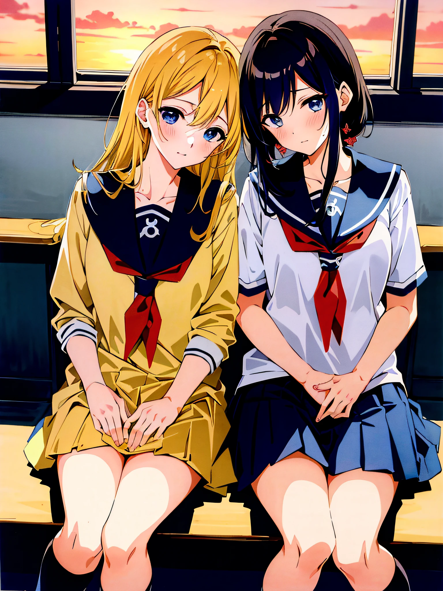 (best quality masterpiece:1.2) 8k (detailed shoujo manga style:1.4) 2girls, beautiful, absurdres, school uniform, yuri, serafuku, eye contact, school window sunset lighting