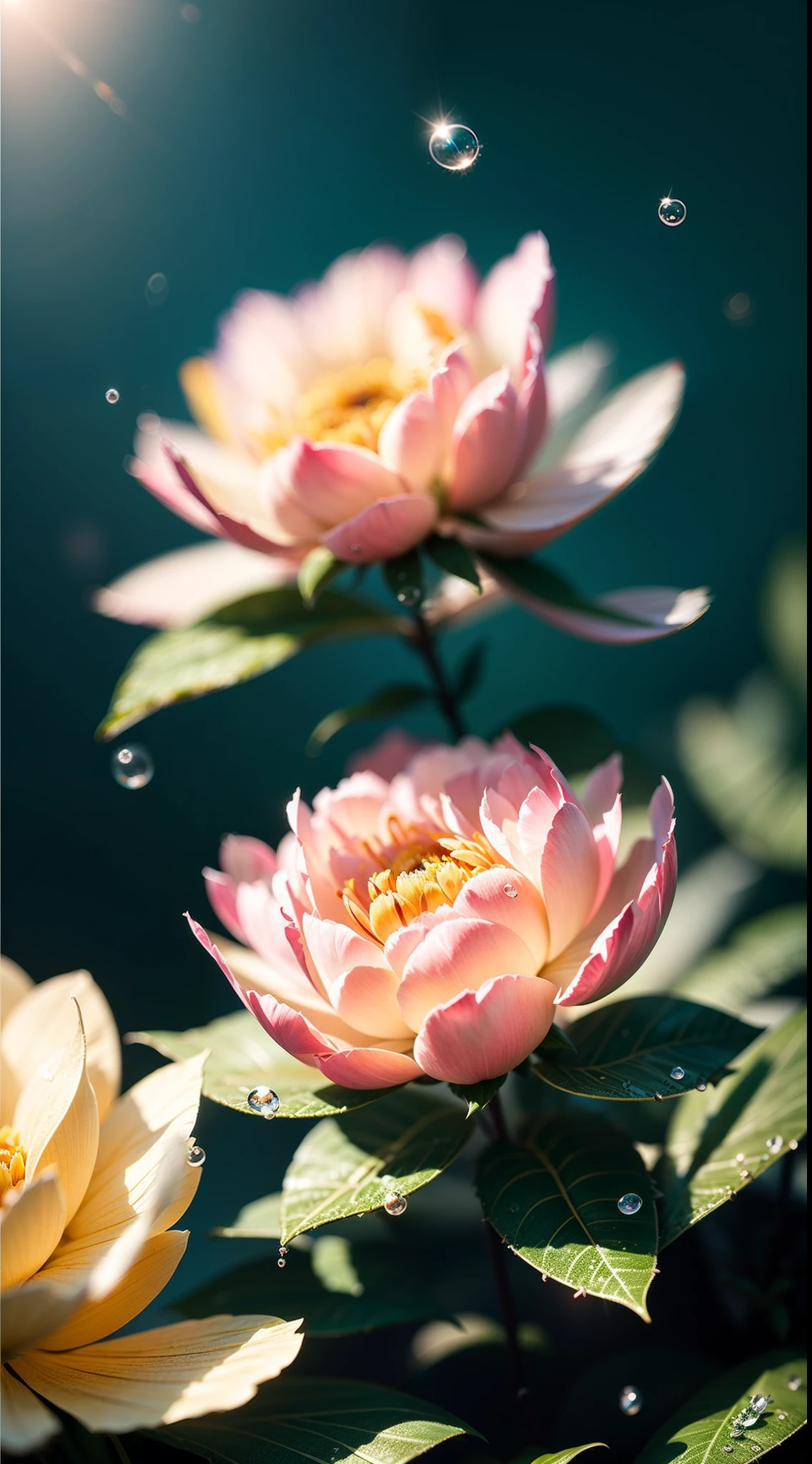 microscopic world , Masterpiece , Macro photography , cobweb, film grain, bokeh , smoke , highly detailed, Bright sunny weather, microflowers, drops, blur, realistic peony close-up, azure background, soft contrast, octane render , unreal engine