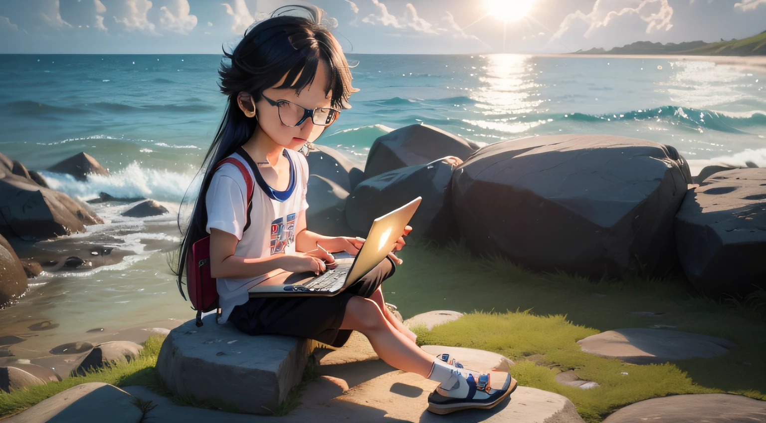 A Asian boy,lowhitr hair,wears glasses,Small eye,Holding a laptop,and the sun was shining brightly,Sit on a rocky reef by the sea,Whispering,Side flirting bikini beauty,When eating hamburgers。