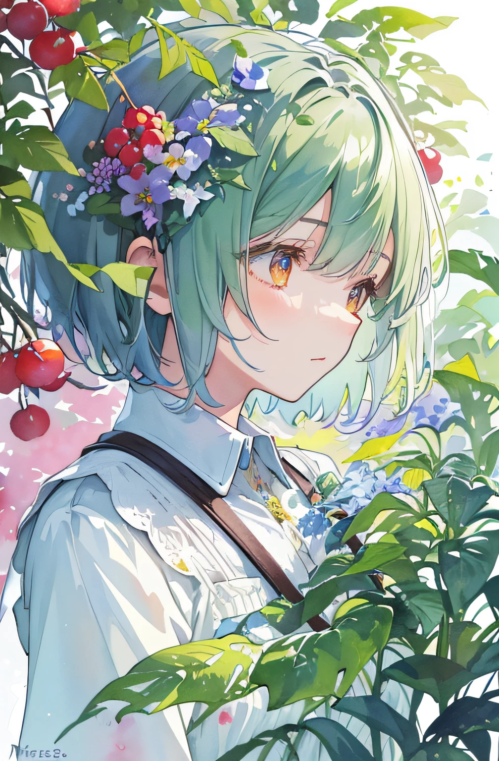 ((super detailed), #3b4195背景, beautiful flowers, berries, ferns, leaves, watercolor pattern of calming colors), (watercolor texture), ((1 girl), short hair, cute,