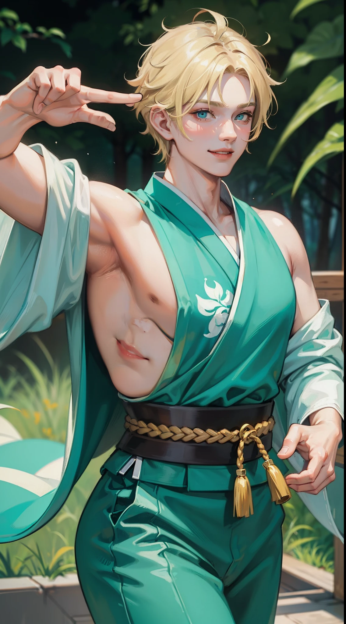 Adult Fat Man, short blonde hair, Cyan eyes, Green Hanfu sleeveless, Drunken Master, Smile, Masterpiece, hiquality