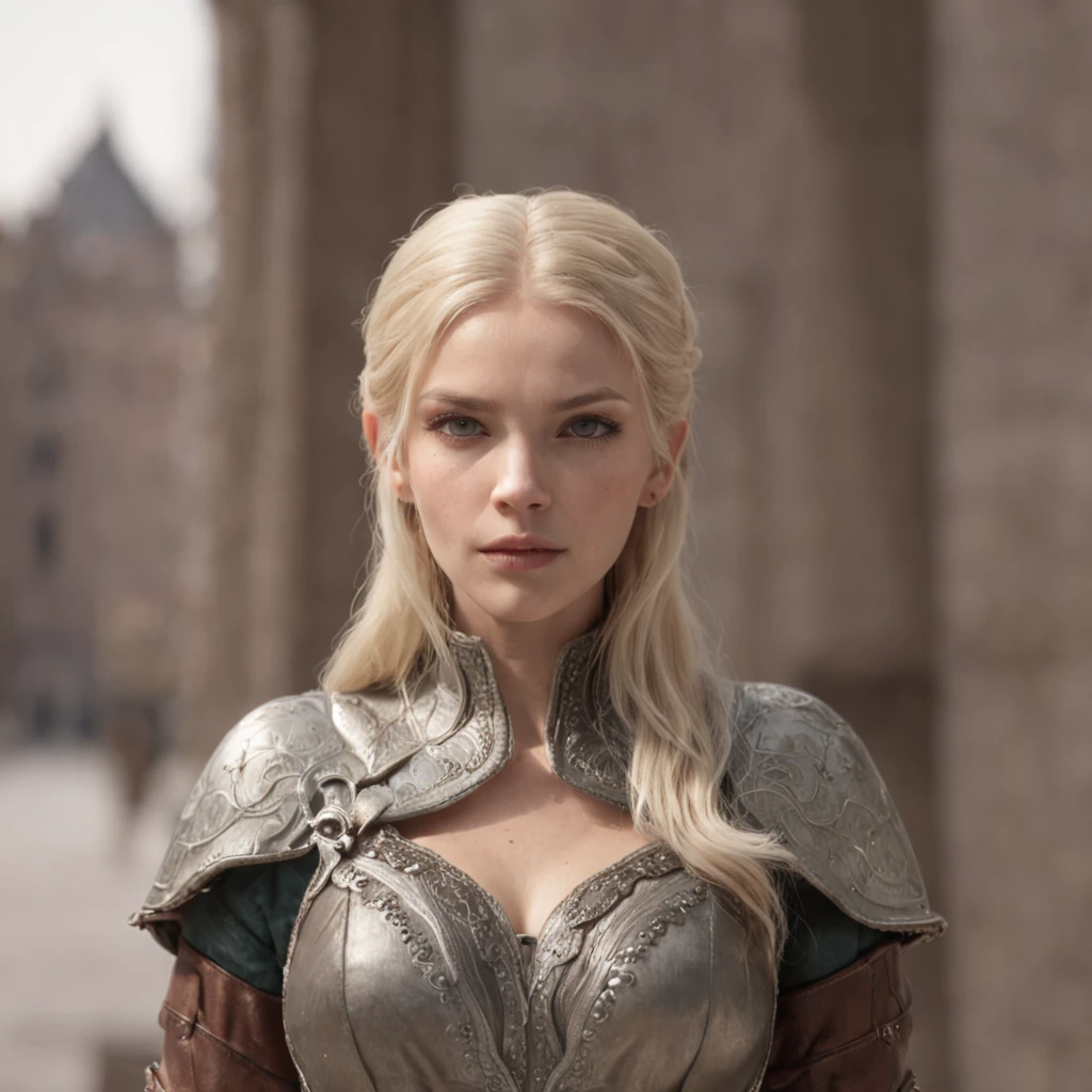 A woman in armor standing in front of a building - SeaArt AI