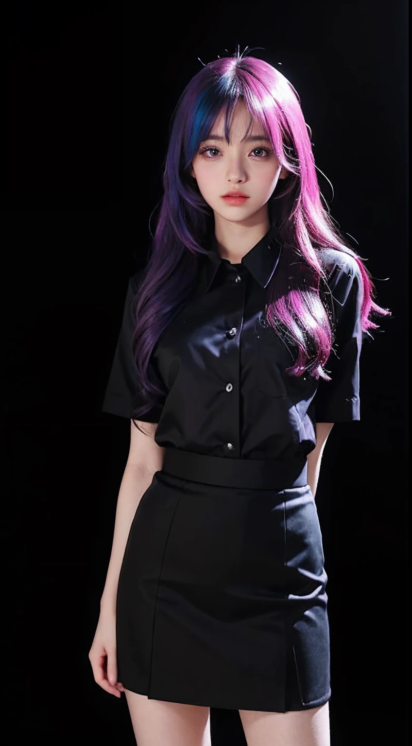 A 16 year old girl very beautiful and gorgeous as you put on the uniform,pleatedskirt, Colorful hair and black background, Anime style mixed with Fujifilm, Vistas, Black background, Anime style