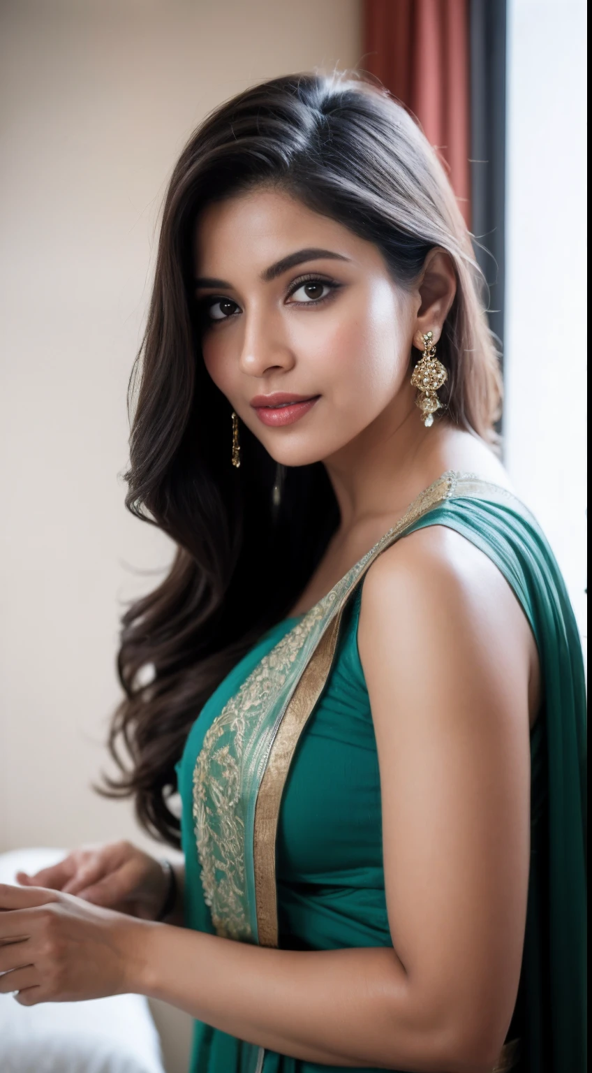 Portrait of A confident-looking indian  woman with bun of long and thick hair tied behind and covered with flowers, hazel eyes, wearing a traditional green saree, wearing lots of jewellery, smile on face, lusty look, standing in bedroom, perfect composition, hyperrealistic, super detailed, 8k, high quality, trending art, trending on artstation, sharp focus, studio photo, intricate details, highly detailed, art by greg rutkowski