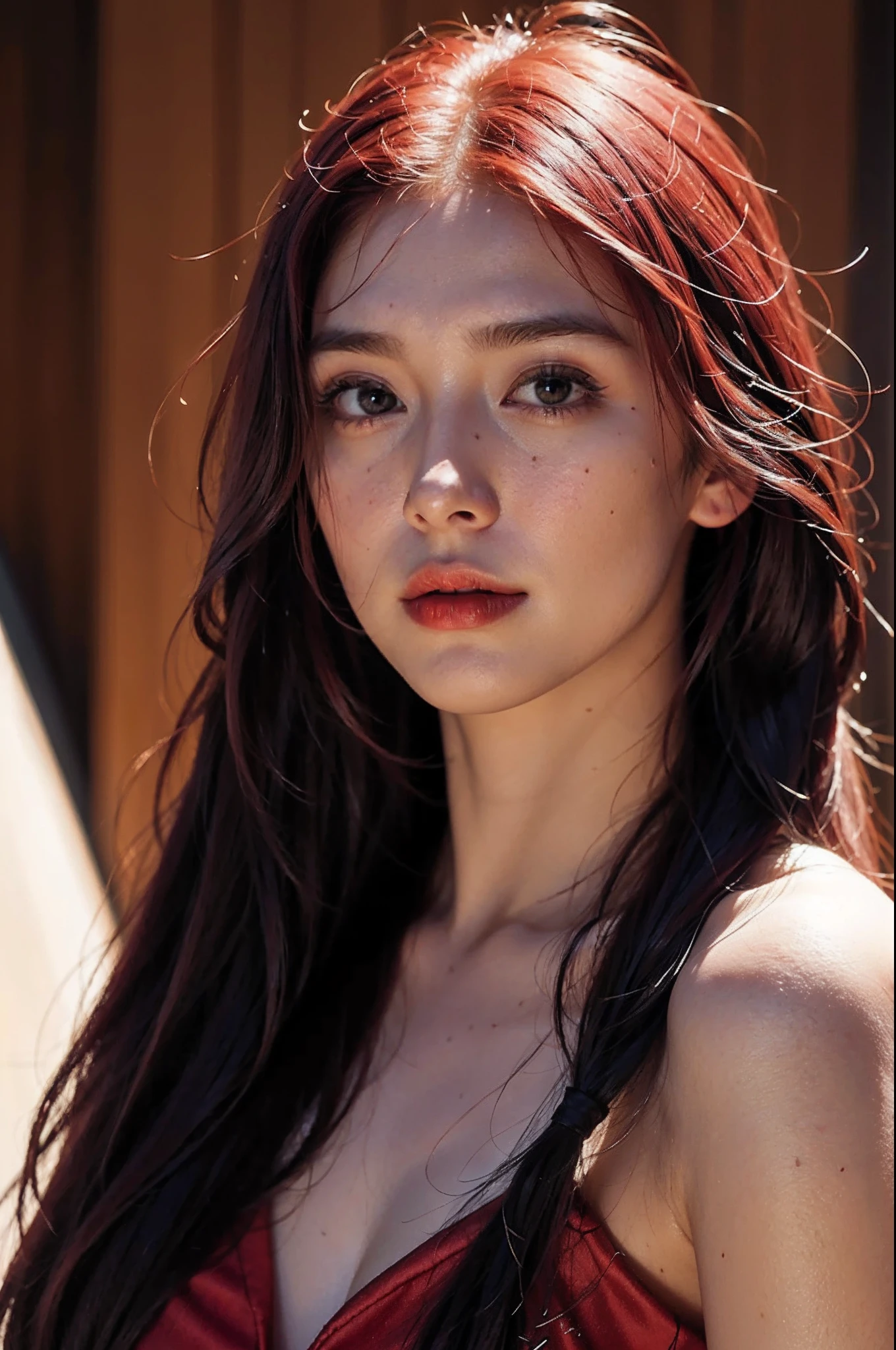 A 40-year-old woman，((Above the shoulder，facial closeups))，((Red straight hair))，long whitr hair，Domineering pose，Witch dress-up，looking at viewert，（High top fade in and out：1.3），Scarlet Witch，soothing tones，pastelcolor，hight contrast，（Natural skin texture，ultra-realistic realism，the soft light，Sharp）