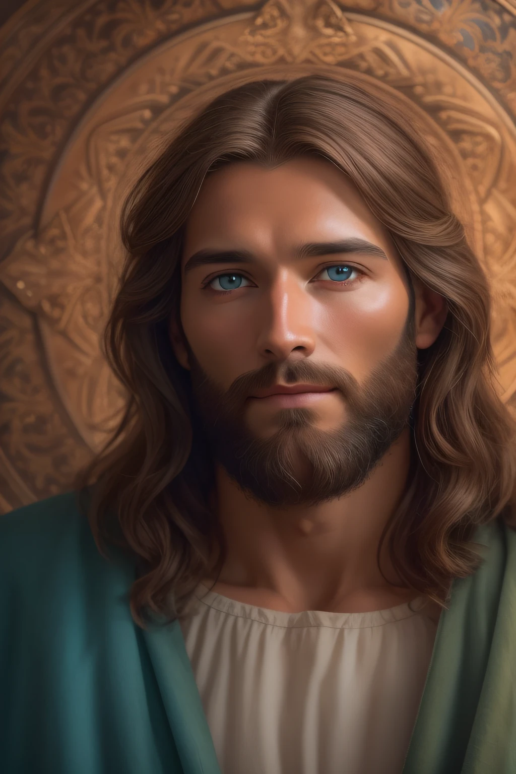Create a realistic depiction of Jesus in the style of, Heavenly Background Paradise , Looking to the future with long brown hair and beard. His blue eyes are kind and expressive, Make sure, that the image is of high quality and rich in detail, to grasp the essence of Jesus , high skin detail: 1,2 8K UHD , 20 MP, Fujifilm XT3, 80mm
