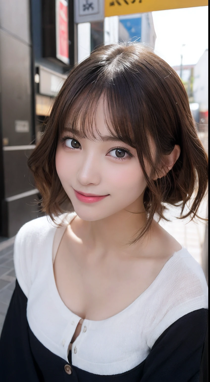 masutepiece, Best Quality, Illustration, Ultra-detailed, finely detail, hight resolution, 8K Wallpaper, Perfect dynamic composition, Beautiful detailed eyes, Women's Fashion Summer,Medium Hair,Small breasts natural color lip, Bold sexy poses,Smile,Harajuku、20 years girl、Cute、Sexy shot looking at camera