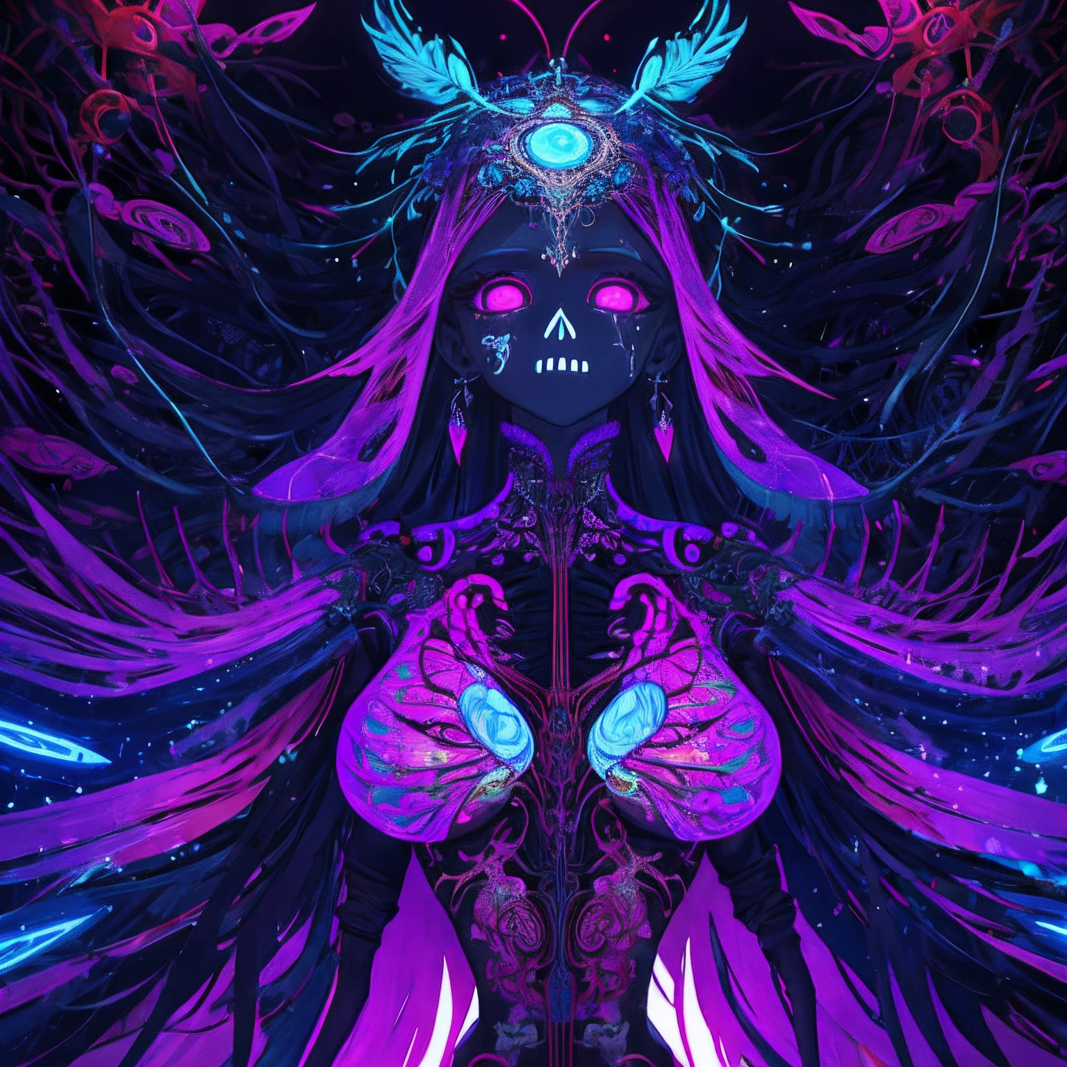 Intricate 3D Rendering Ultra Detailed Beautiful Angel of Death, Biomechanical Robot, Simulated 150mm Lens, Beautiful Natural Soft Rim Light, Neon Veins, Roots, Delicate Leaf Lace, Colorful Details, Boris Bidjan Saberi Costume, Pearl Earrings, Piercings , art nouveau fashion embroidery, intricate details, mesh lines, mandelbrot fractals, facial muscles, cables, microchips, thugs, surreal, octane, volumetric lighting, 8k and post production, red white with a bit Black, metal skull detail, half human figure, iridescent, Glenn Brown style, futuristic room, god power, high angle shot, complex body poses
