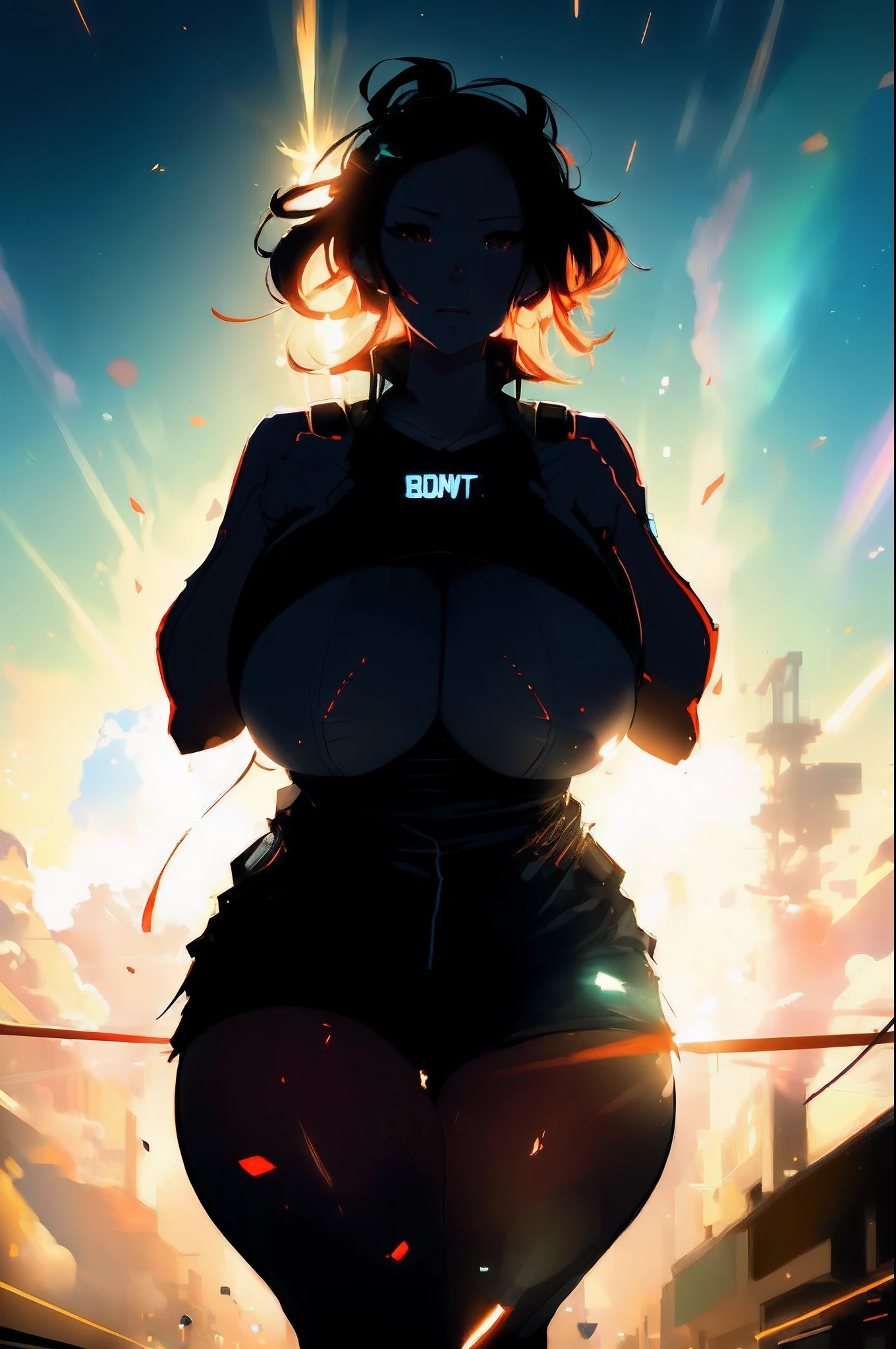 anime girl with huge breasts walking down a street at sunset, female protagonist 👀 :8, badass anime 8 k, ((sunset)), lois van baarle and rossdraws, [ 4 k digital art ]!!, explosion in the background, ilya kuvshinov. 4 k, trending on artstation pixiv, thicc, waist up portrait