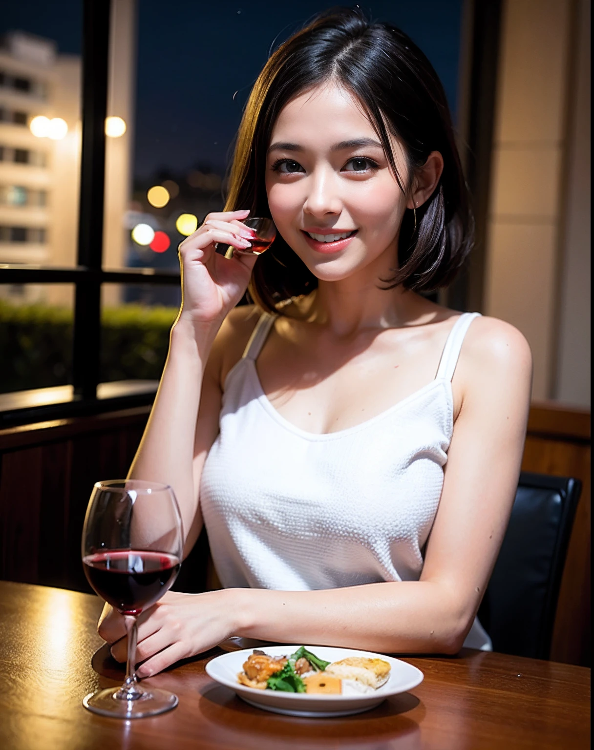 (64K, UHD, top quality, masterpiece: 1.2), (realistic, photorealistic: 1.37), super detailed, pretty woman 1 person, (slim face), (slim body), (brown hair), (short cut), cheeks slightly blushing, (44 years old), 38 years old, solo, beautiful detailed urban night view outside the window, restaurant, wine glasses sit, at night, in a prominent placeNovaFrogStyle, Actress, Model, Waist Up, White Wine, Slim, Wine Glass, Super Clean Night View, Wine Glass Put in the Middle, Happy Smile, (Smile: 1.15), Beautiful Fine Eyes, Upper Body, Bust Japan Up, Night, Short, Short, Actress, Model, Waist Up, White Wine, Slim, Wine Glass, Super Clean Night View, Wine Glass Put in the Middle, Happy Smile,