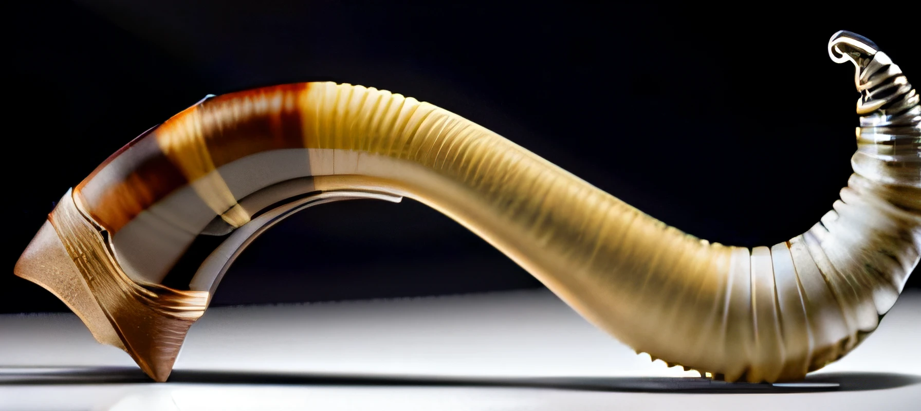 a close up of a horn shaped object on a table--PHOTO IN 45 DEG-- {{{open in both sided}}}, animal horn, single horn,  winding horn, cow horns, ram horns, long tail with horns, big horn,  goat horns, curved horns!